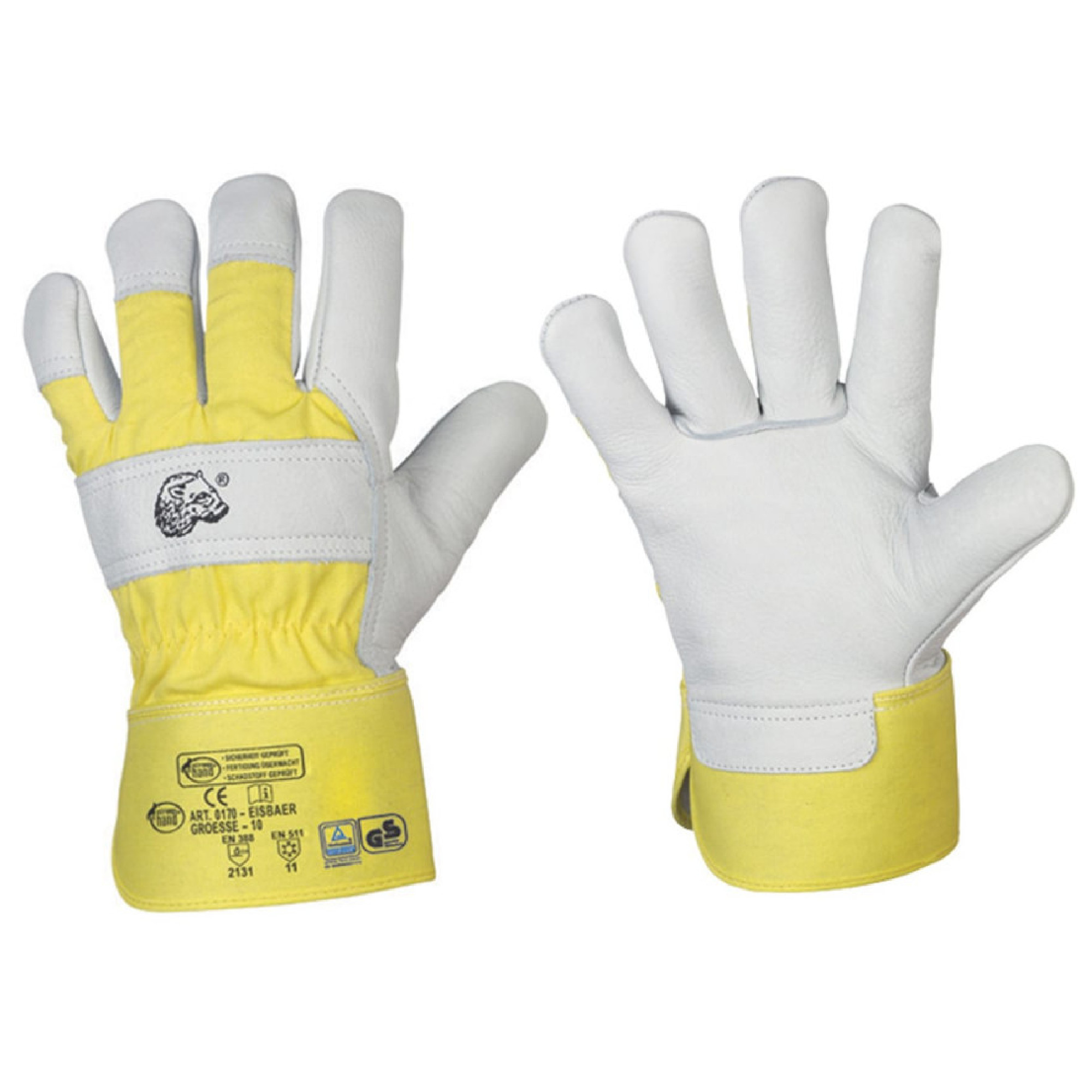 Zwei Arbeitshandschuhe, einer gelb und der andere weiß. Die Handschuhe sind aus Leder und haben eine verstärkte Oberseite sowie elastische Bündchen. Sie sind für den Einsatz in handwerklichen oder industriellen Umgebungen konzipiert, um Schutz und Grip zu bieten.