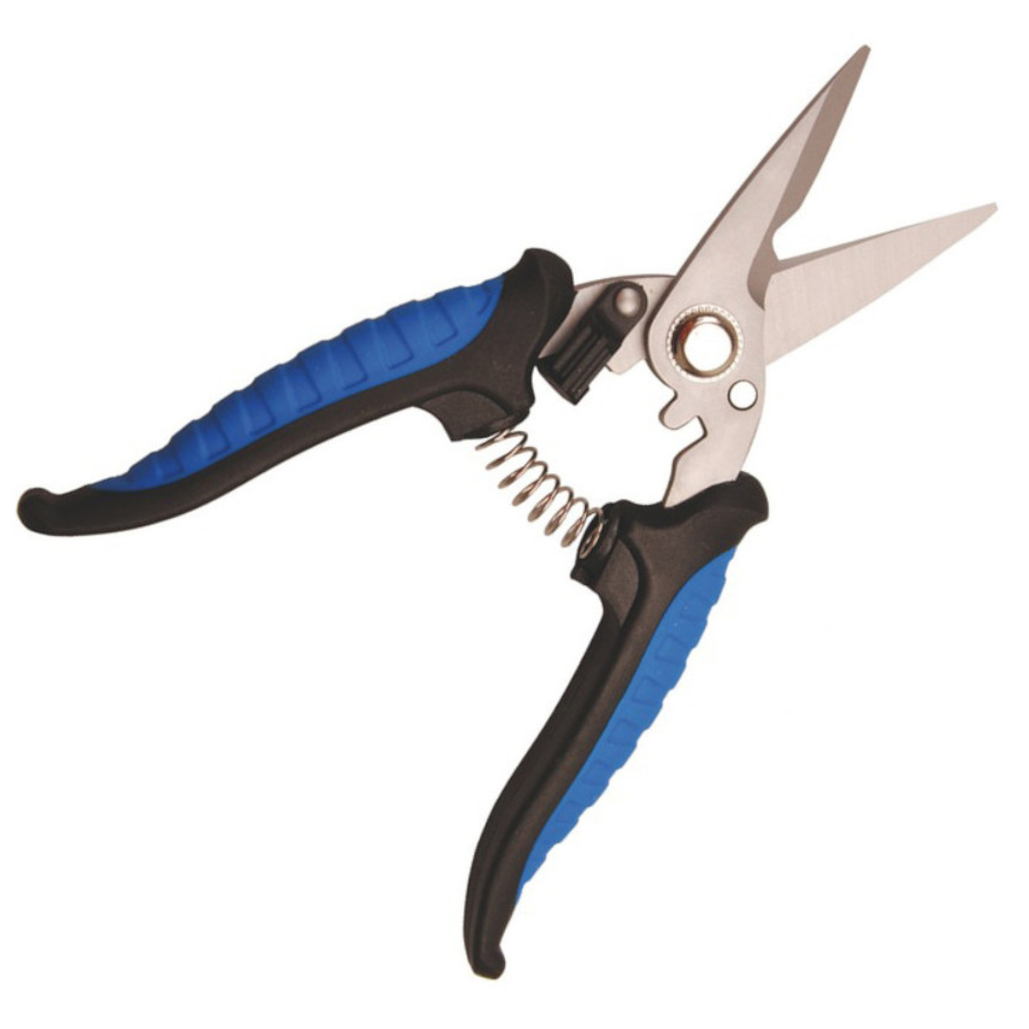 Die Abbildung zeigt eine spezielle Schere mit einer blauen Gummierung an den Griffen und einer federnden Funktion. Die Klingen sind aus Metall und scharf, geeignet für präzise Schnittarbeiten, beispielsweise im Gartenbau oder bei handwerklichen Tätigkeiten.