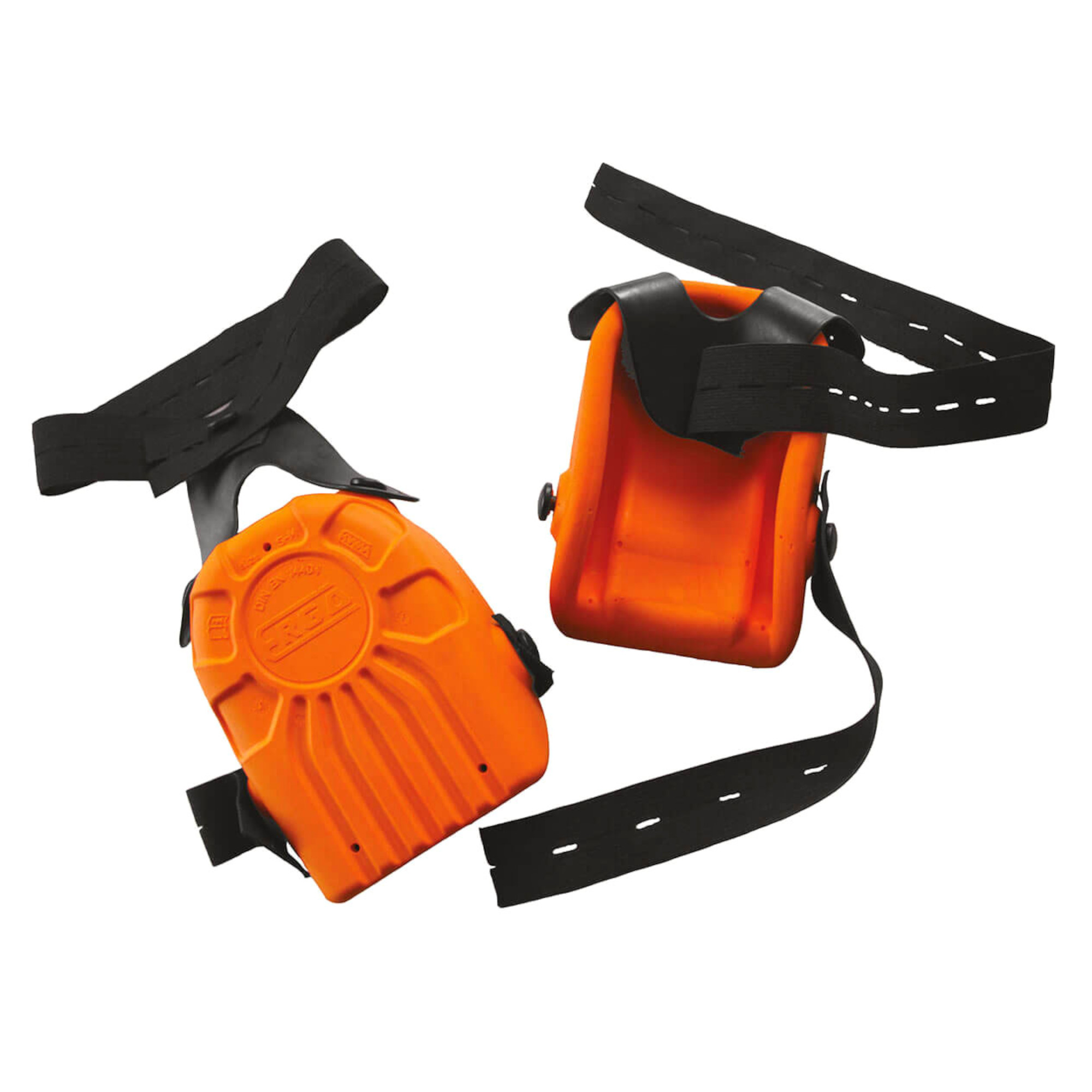 Zwei orangefarbene Knieschoner mit schwarzen Riemen sind auf einem weißen Hintergrund platziert. Die Knieschoner haben eine strukturiert Oberfläche und sind für den Schutz der Knie beim Arbeiten oder Spielen konzipiert.