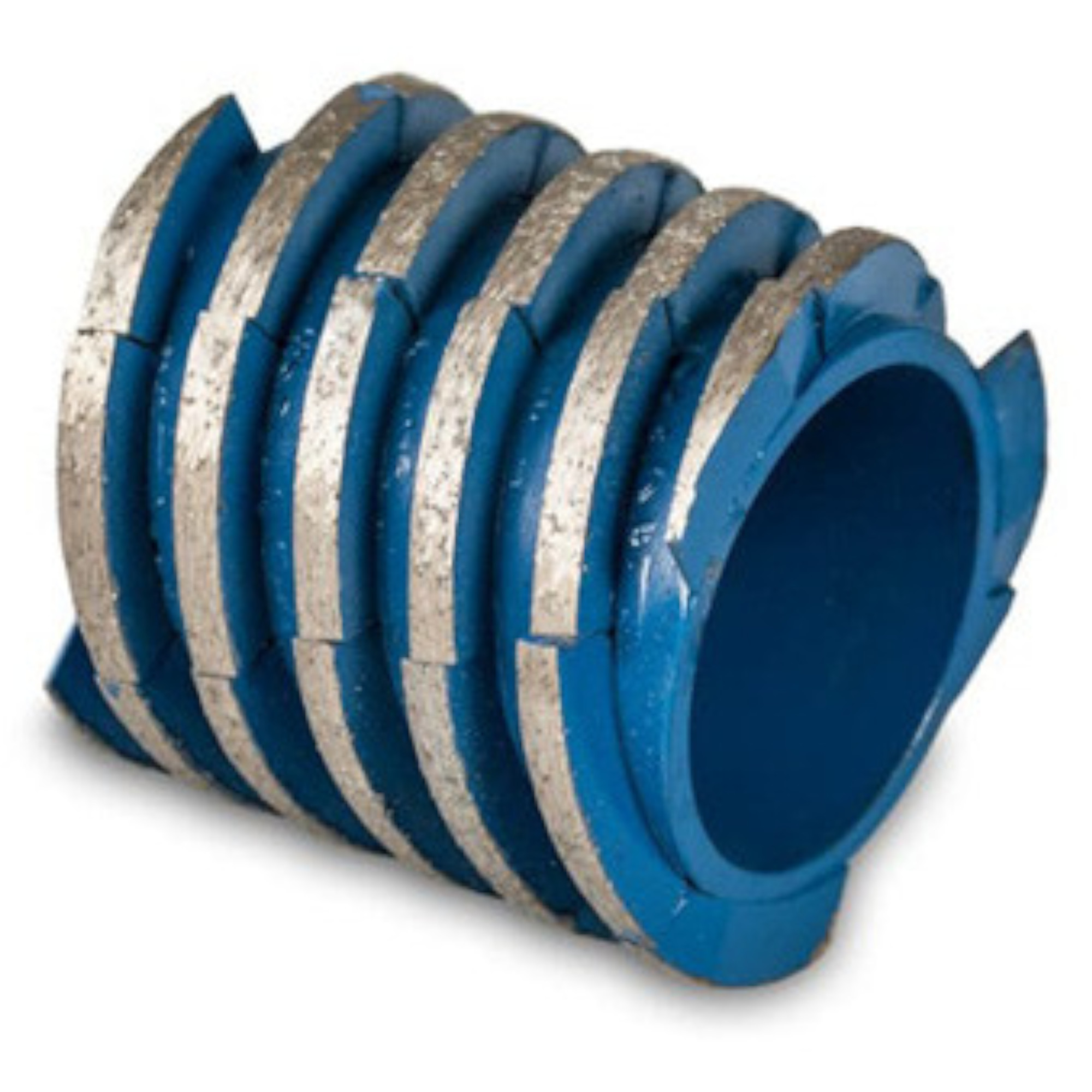 Ein zylindrisches Werkzeug mit einer blauen, gerippten Oberfläche und silbernen Einsätzen ist abgebildet. Es hat einen hohlen inneren Durchmesser und zeigt durch seine Struktur eine funktionale Gestaltung, die vermutlich für Schneid- oder Bearbeitungszwecke verwendet wird.