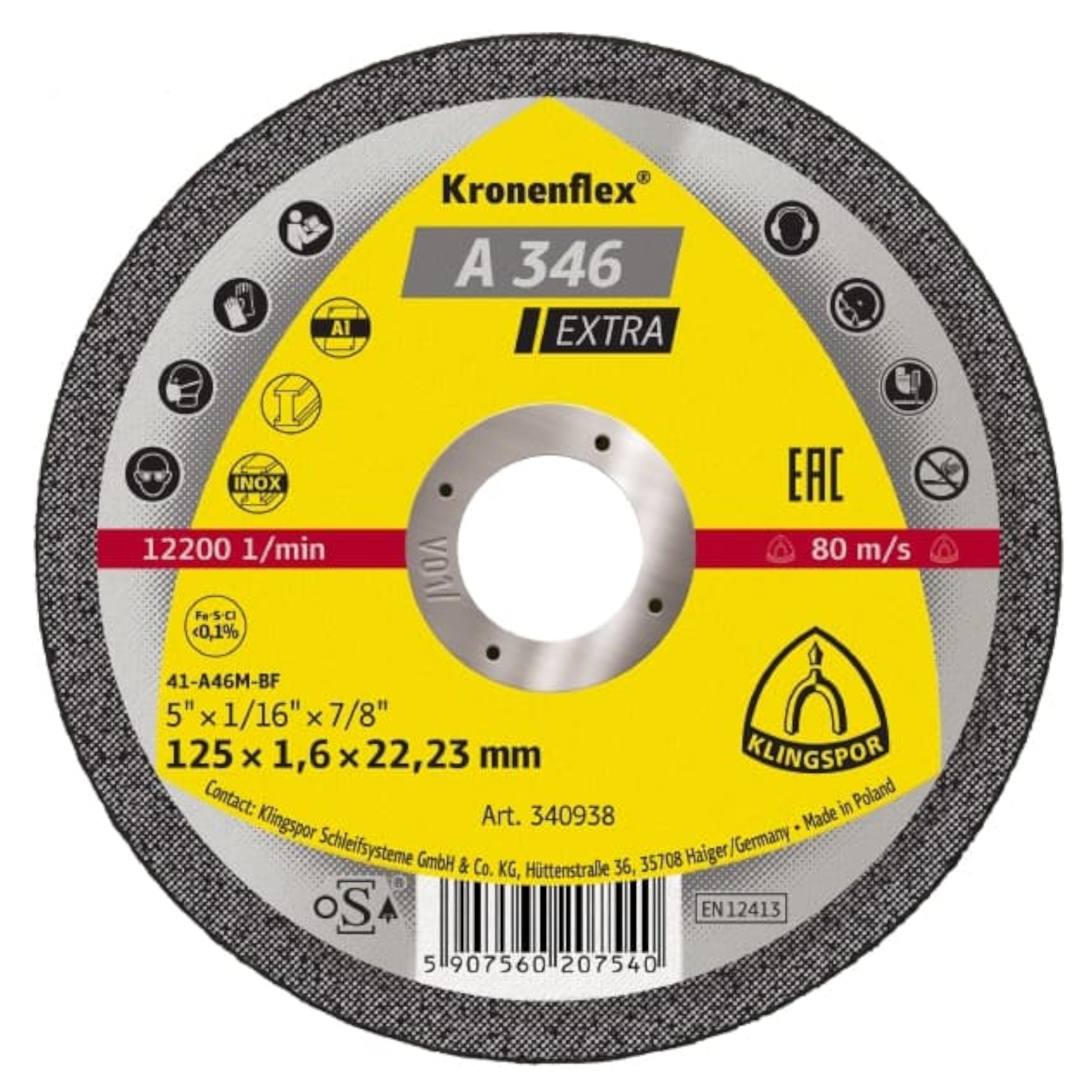 Eine runde Trennscheibe mit gelbem Hintergrund, die die Marke "Kronenflex A 346 EXTRA" zeigt. Die Scheibe hat eine Durchmesserangabe von 125 mm und ist für Edelstahl geeignet. Es sind Sicherheits- und Nutzungshinweise neben dem EAC-Symbol abgebildet.