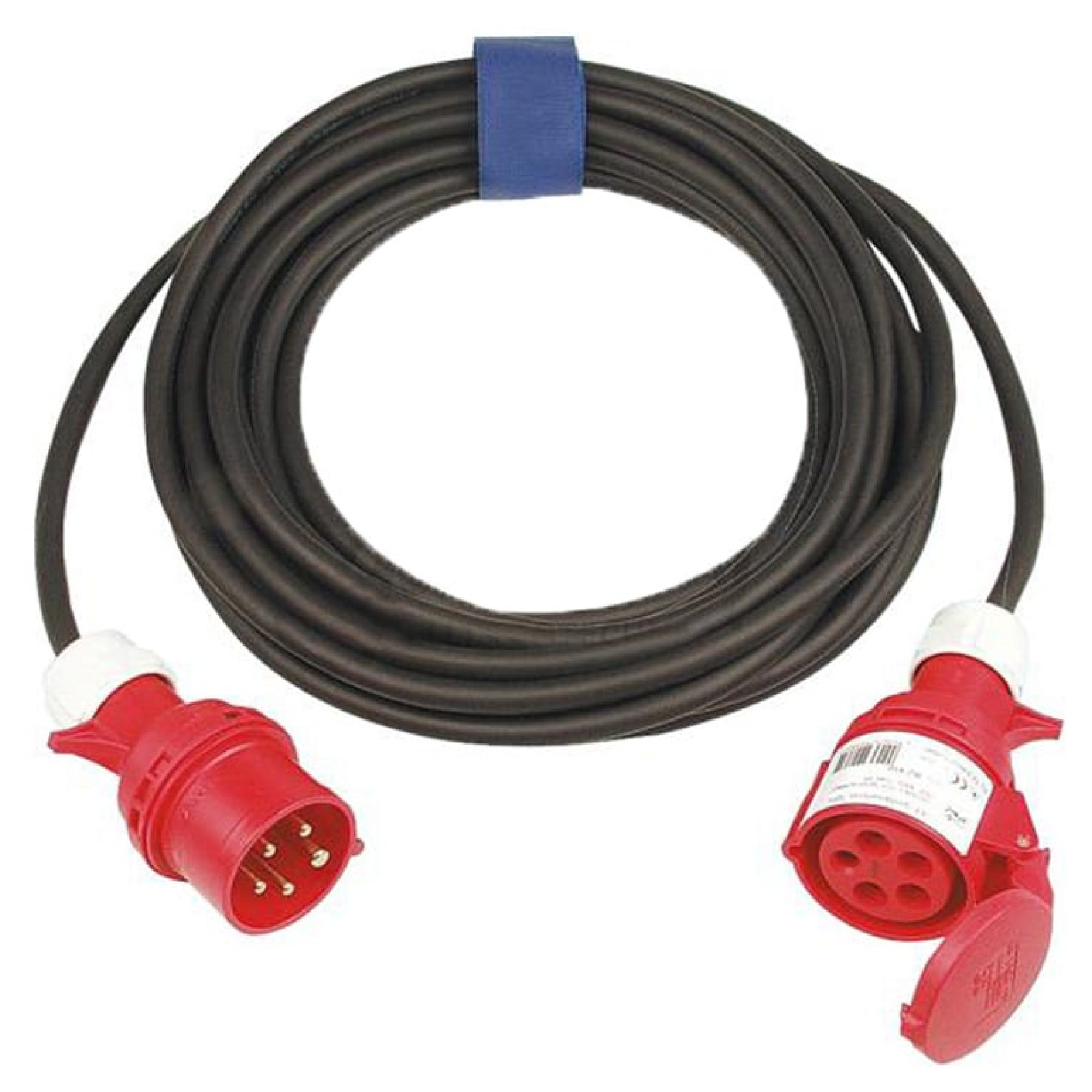 Ein schwarzes Verlängerungskabel mit zwei roten Steckdosenanschlüssen an den Enden. Das Kabel ist aufgerollt und hat eine blaue Markierung in der Mitte. Die Steckdosen sind mit weißen Verbindungsstücken versehen.