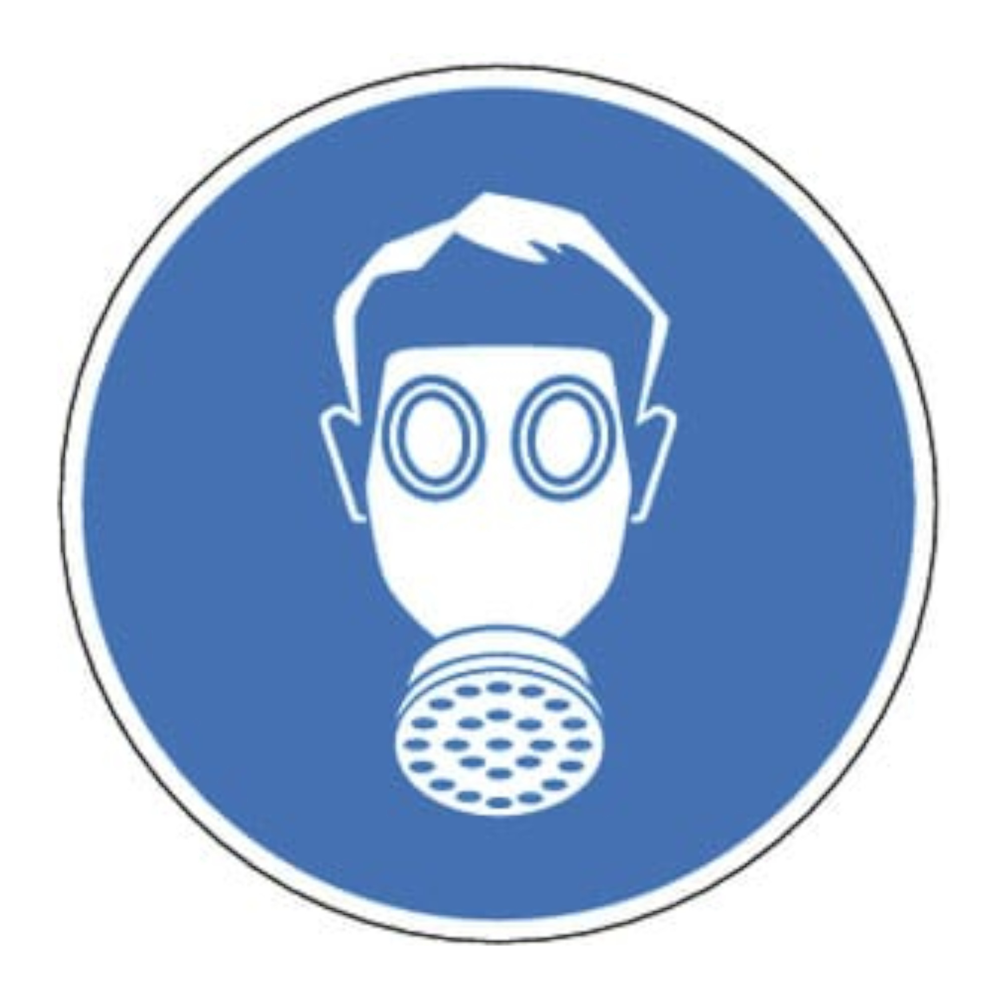 Ein einfaches Bild eines Mannes, der eine Atemschutzmaske trägt. Die Maske hat runde Linsen und einen runden Filter im unteren Teil. Der Hintergrund ist blau, und das Bild ist kreisförmig.