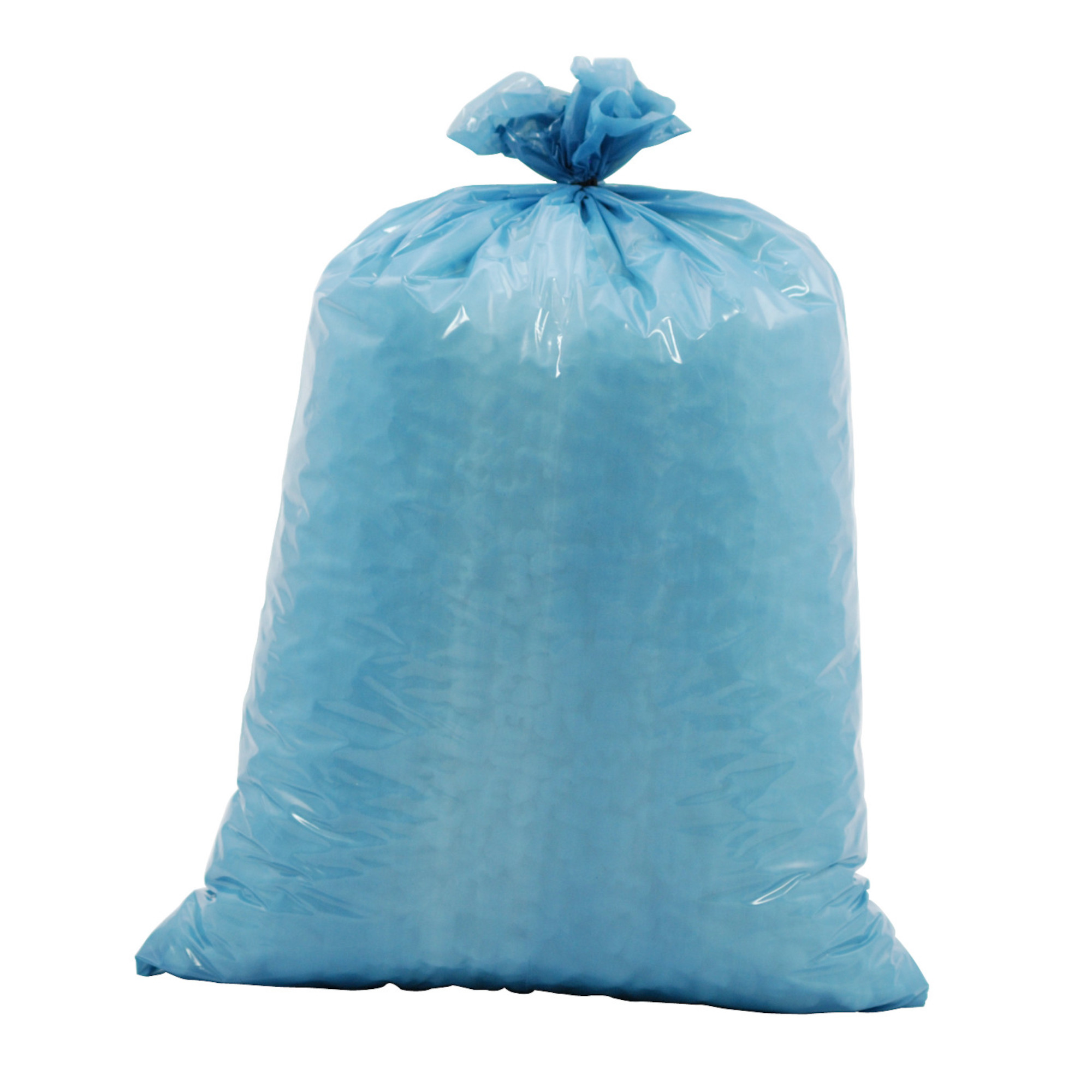 Ein gefüllter, blauer Plastiksack, oben zugebunden. Der Sack scheint mit einem leichten, möglicherweise luftgefüllten Material gefüllt zu sein. Die Oberfläche ist glatt und glänzend, was auf eine Kunststoffbeschichtung hinweist.