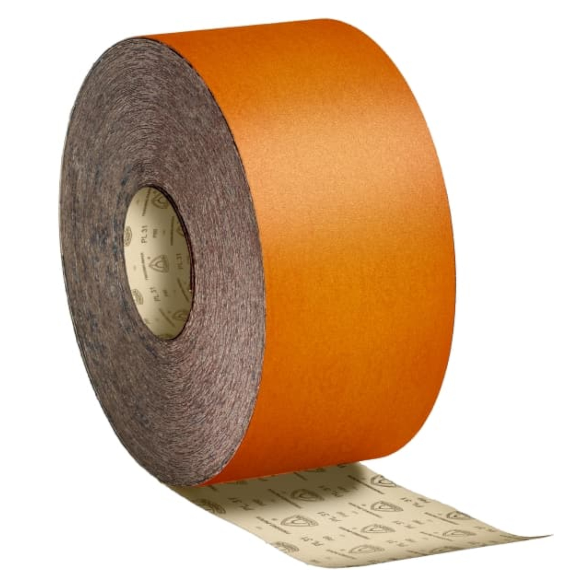 Ein orangefarbener Klebeband-Roller mit einer abgerollten Kante. Das Band ist auf einer Papprolle gewickelt und zeigt eine glatte Oberfläche. Die Rückseite des Bandes ist mit einem Klebstoff versehen und trägt ein wiederholtes Muster.