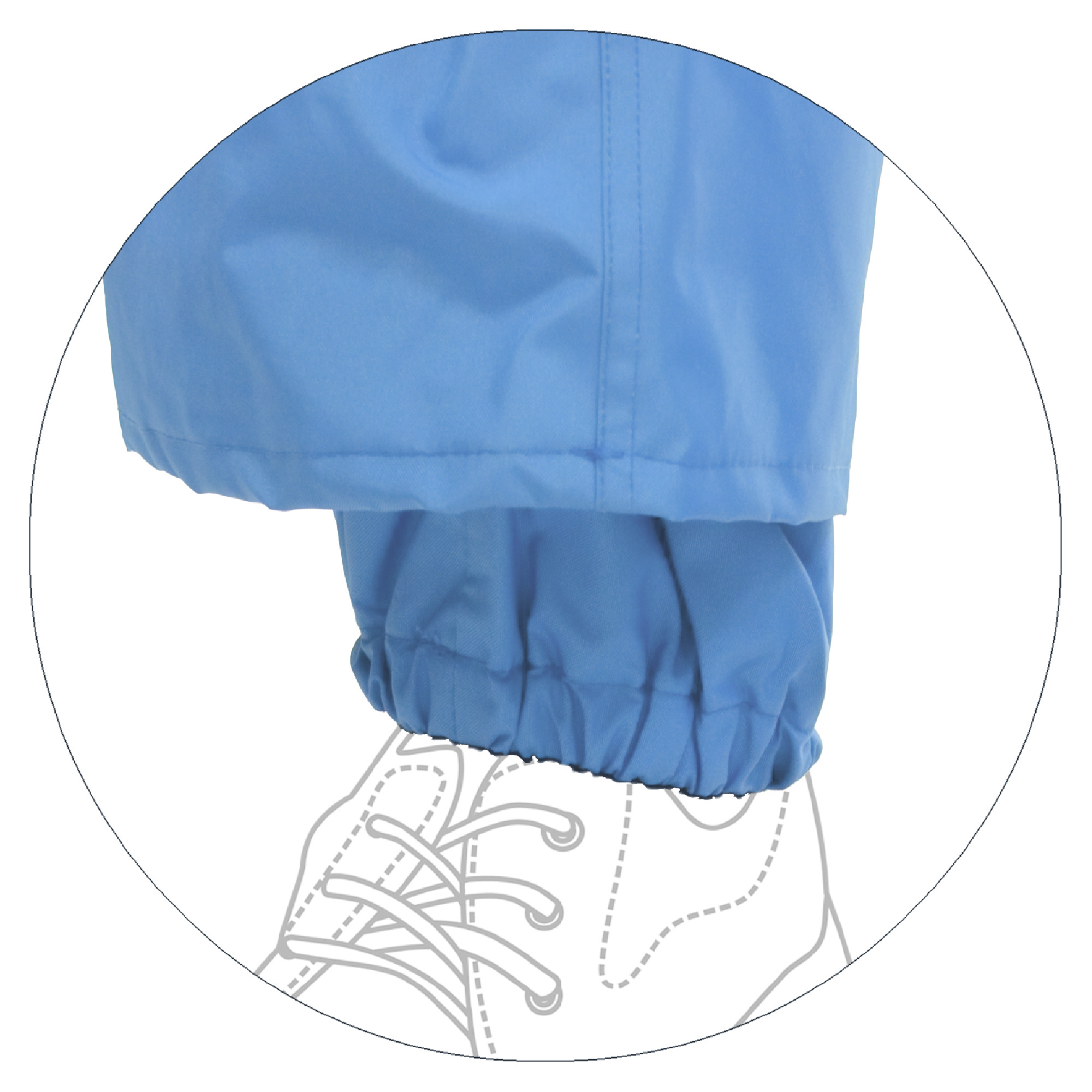 Eine enge, blaue Hose ist unten gesäumt und sitzt über einem weißen Schuh mit Schnürung. Die Hose hat einen elastischen Bund, der den Fußschutz betont.