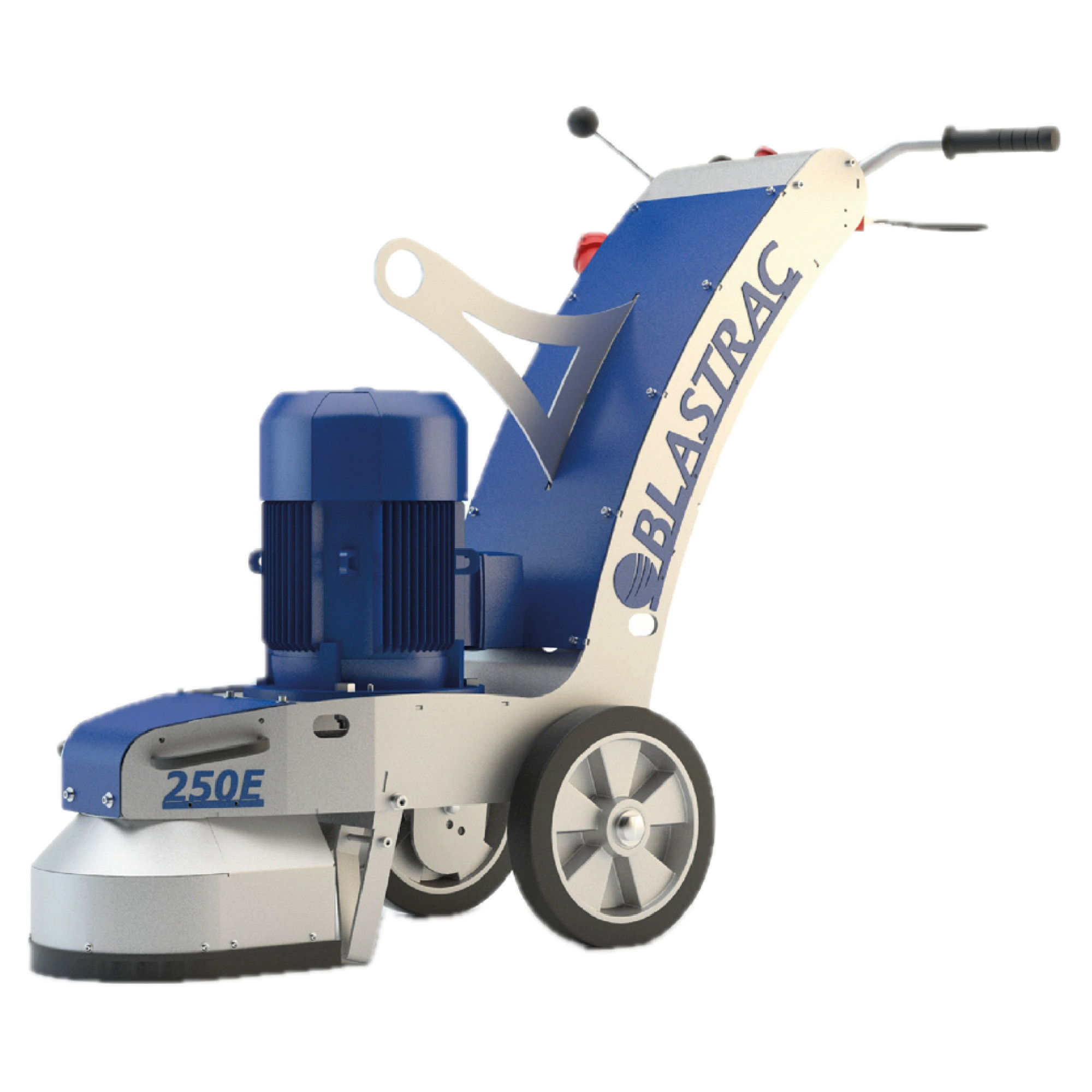 Das Bild zeigt eine blaue und silberne Schleifmaschine des Modells Blastrac 250E. Sie hat große Räder, einen elektrischen Motor vorne und ist dafür konzipiert, Böden zu schleifen oder zu polieren. Die Maschine hat einen ergonomischen Griff für die Bedienung.