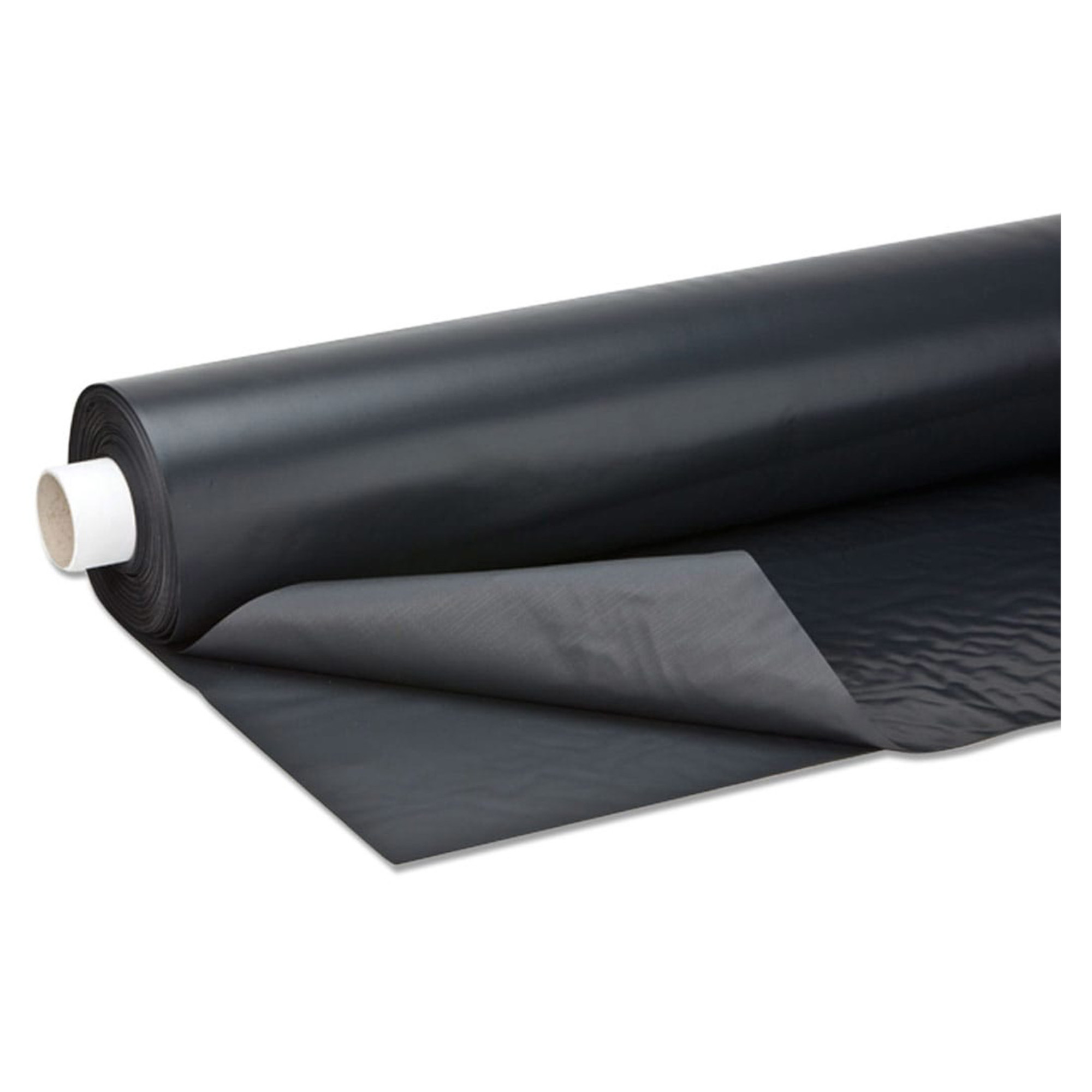 Eine Rolle schwarzes Kunststoffmaterial, teilweise abgewickelt, zeigt die glatte Oberfläche und die aufgerollte Form. Der Kern der Rolle ist aus Pappe. Das Material eignet sich für verschiedene Anwendungen, wie Abdeckungen oder Schutz.