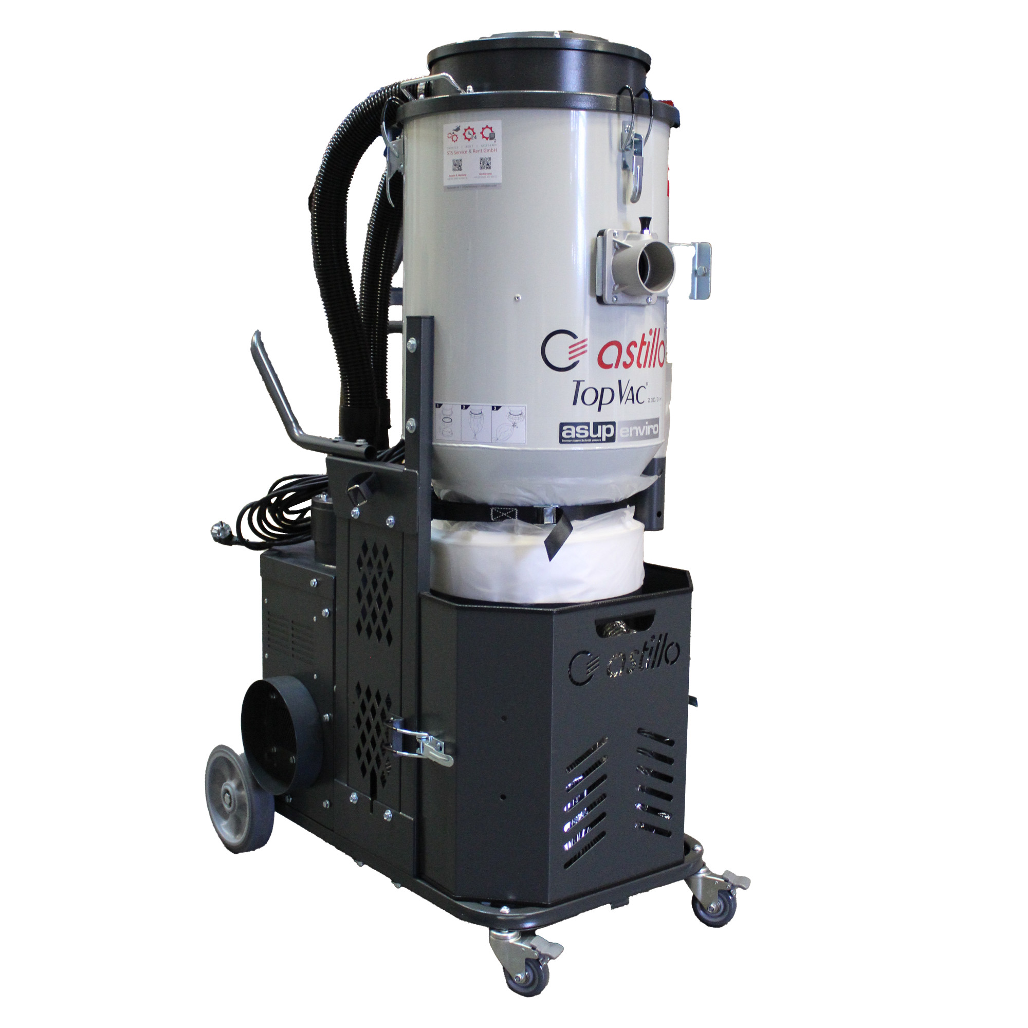 Industriesauger Astillo TopVac 230/3-H von asup enviro in Weiß-Schwarz mit zylindrischem Filtergehäuse, Saugschlauch und fahrbarem Grundgestell, freigestellt auf weißem Hintergrund.