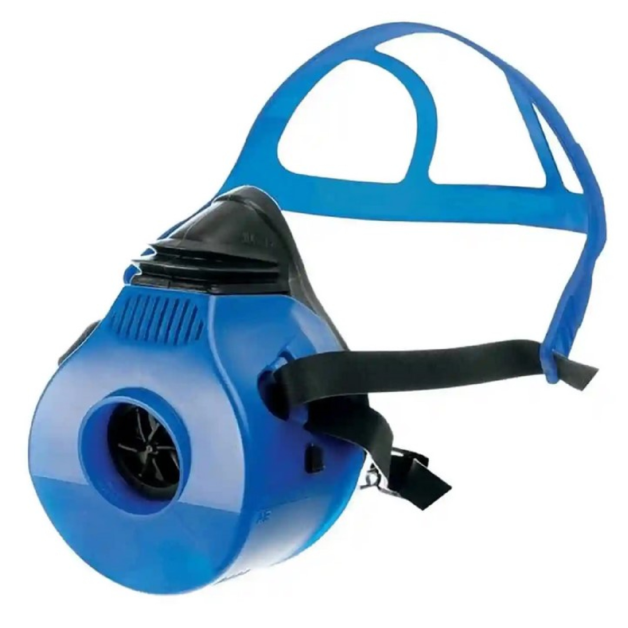 Eine blaue Atemschutzmaske mit einem großen, runden Filter auf der Vorderseite und einem flexiblen Trageband. Die Maske hat ein modernes Design und eignet sich für den Schutz vor Schadstoffen oder Staub in der Luft.