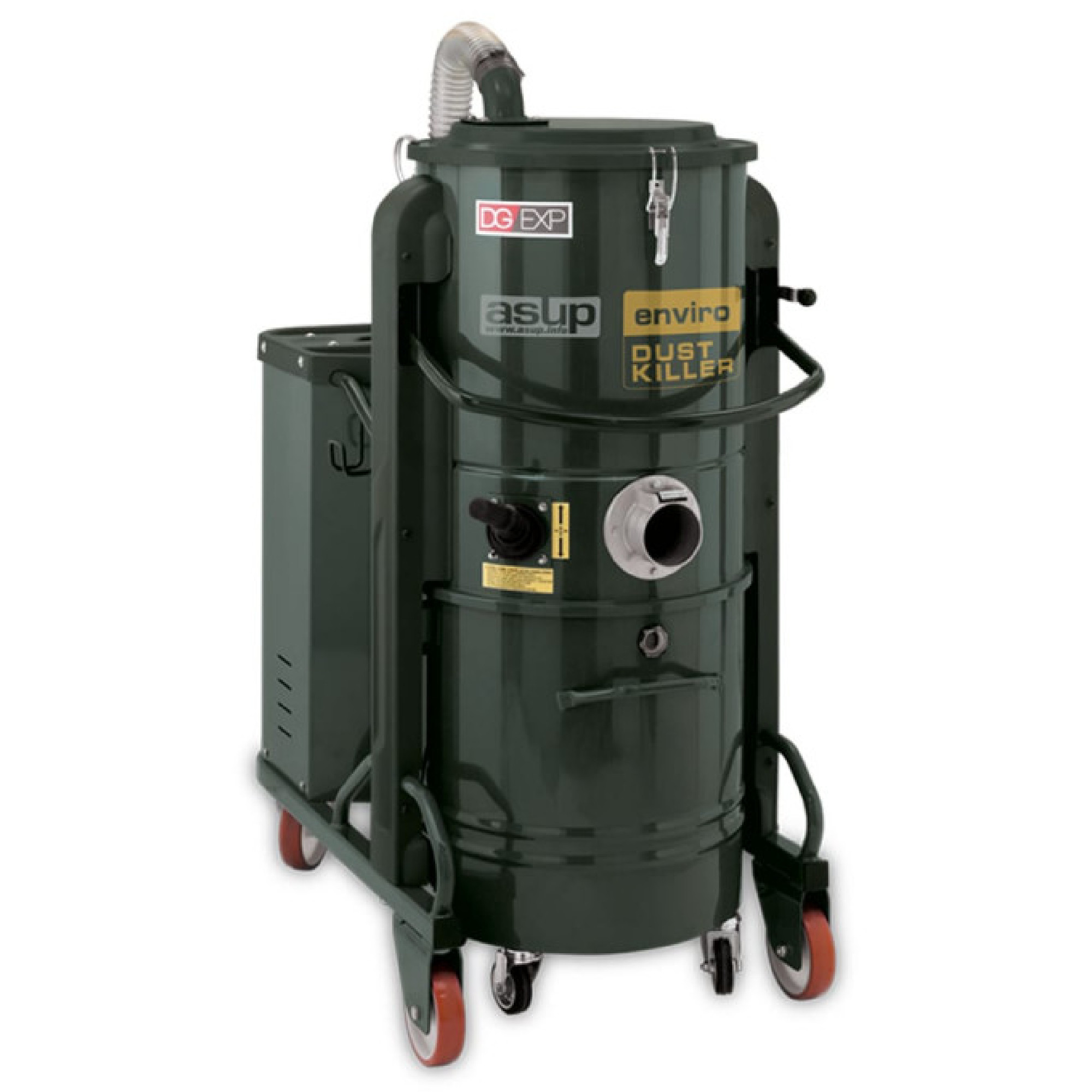 Ein grüner Industriesauger mit einem runden Behälter, der auf Rollen steht. Er hat einen Schlauch, einen Griff, und verschiedene Bedienelemente und Anhänge. Die Beschriftung auf dem Gerät zeigt den Namen „Dust Killer“. Ideal zur Staubentfernung in Werkstätten oder Bauumgebungen.
