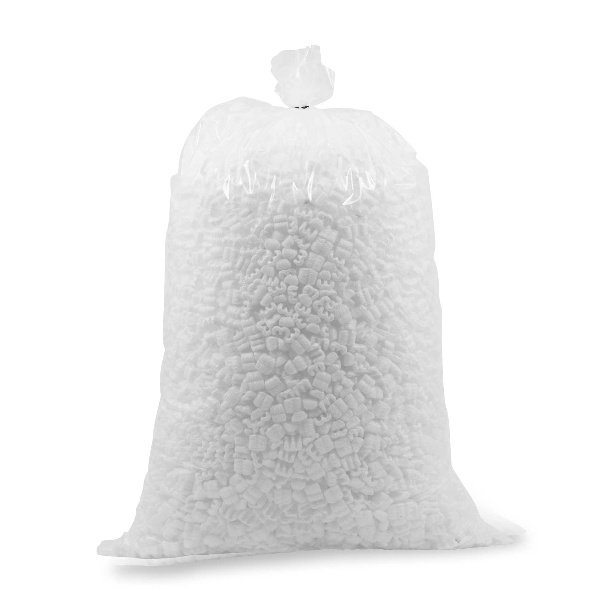 Transparenter Foliensack gefüllt mit weißen Styropor-Chips, oben zusammengebunden