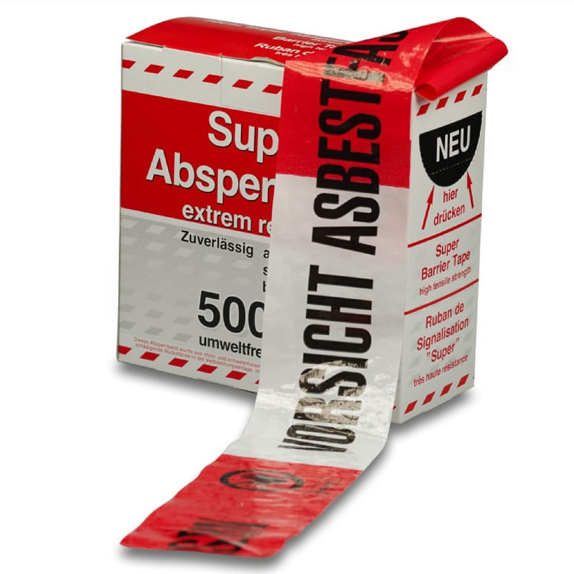 Eine Box mit roter und weißer Verpackung, die ein Absperrband enthält. Das Band ist ebenfalls rot-weiß und trägt die Aufschrift „VORSICHT ASBEST“, was auf eine Warnung hinweist. Es wird als umweltfreundliches und starkes Barrieretape beschrieben.