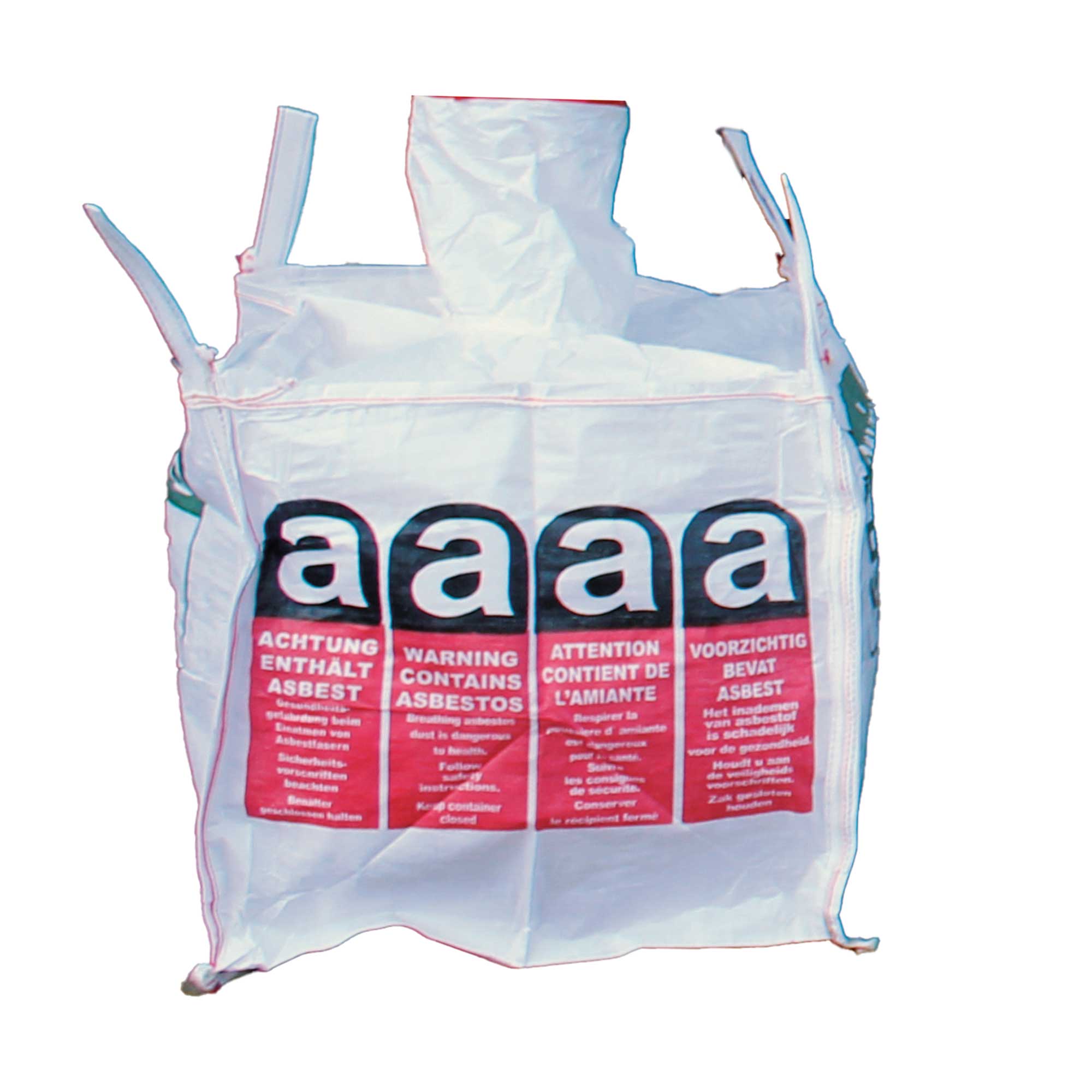 Ein ASBEST Big Bag aus unbeschichtetem, UV-stabilisiertem Polypropylen-Gewebe. Er verfügt über vier Hebeschlaufen, eine Einfüllschürze zum Zubinden und einen geschlossenen Boden. Der Sack ist für den Transport von Gefahrgütern der Verpackungsgruppe II zugelassen und besitzt die UN-Zulassung 13H3Y. Er ist mit einem viersprachigen Asbestaufdruck versehen, der der REACH-Verordnung und der TRGS 519 entspricht.