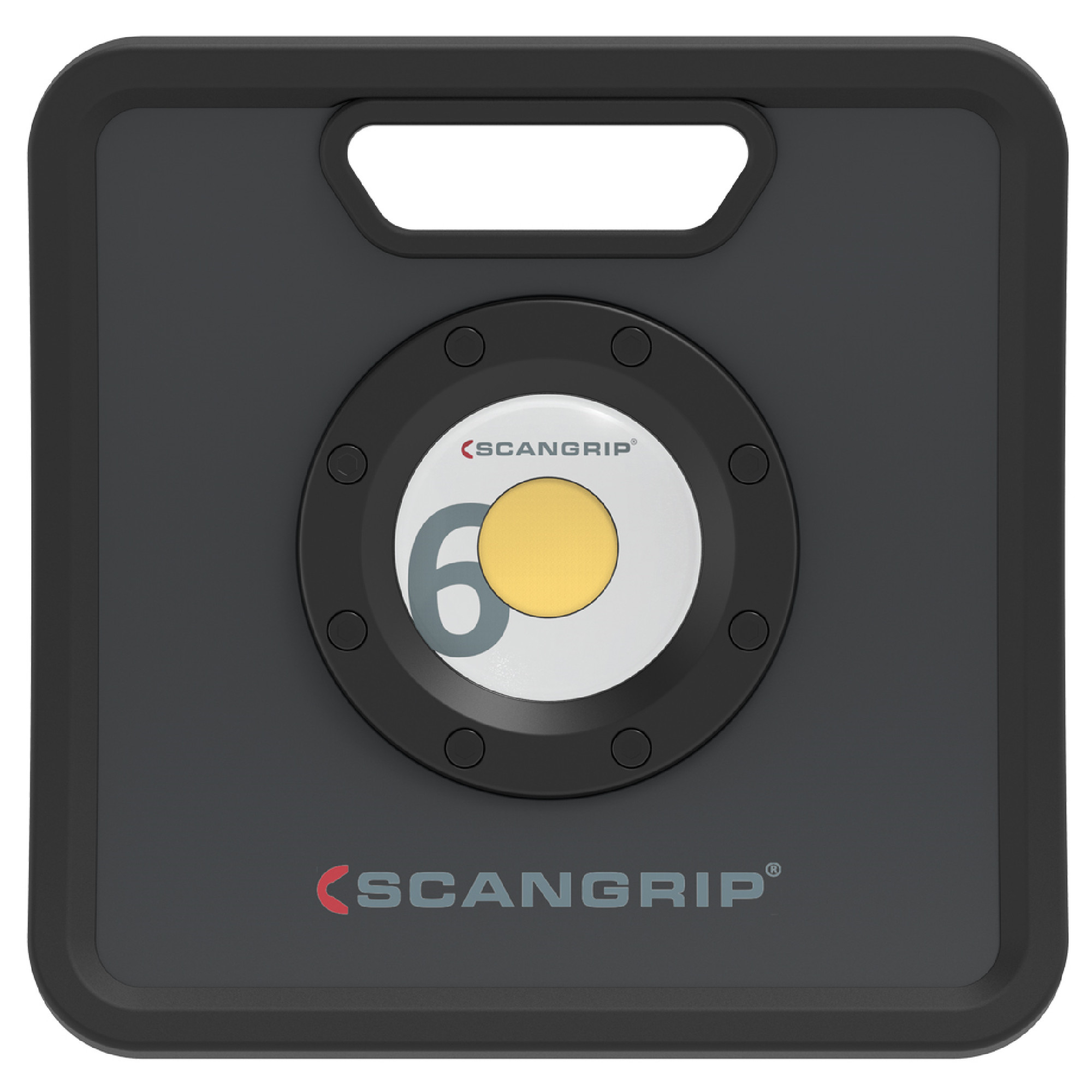 Ein quadratisches, graues Lichtgerät mit einem zentralen, runden Lichtmodul in Gelb und Schwarz. Die Zahl "6" ist auf dem Lichtmodul abgebildet, und das Gerät hat einen praktischen Griff oben. Das Logo "SCANGRIP" ist an der unteren Seite zu sehen.