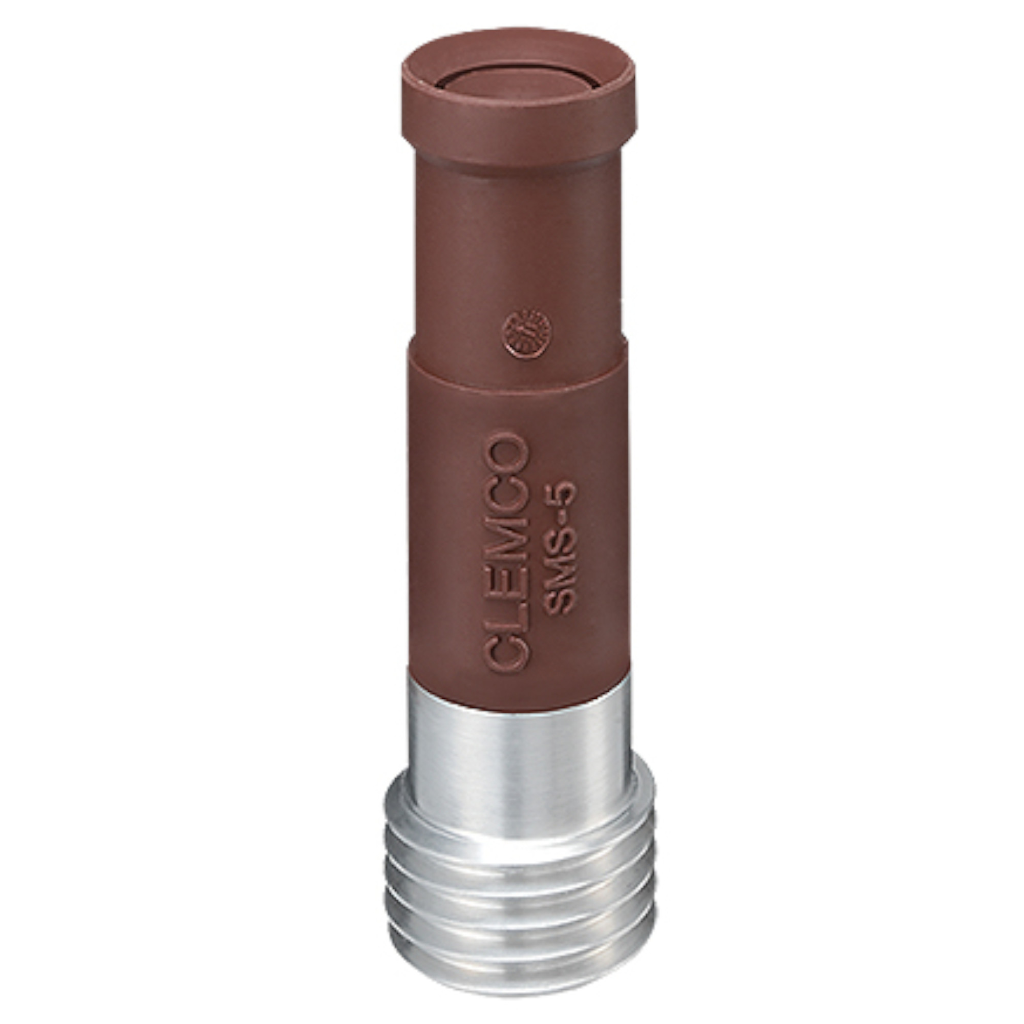 Ein brauner Düse aus Gummi mit einer metallischen Unterseite. Die Düse hat eine zylindrische Form und trägt die Aufschrift "CLEMCO SKMS-5". Diese Düse wird häufig in der Sandstrahltechnik verwendet.