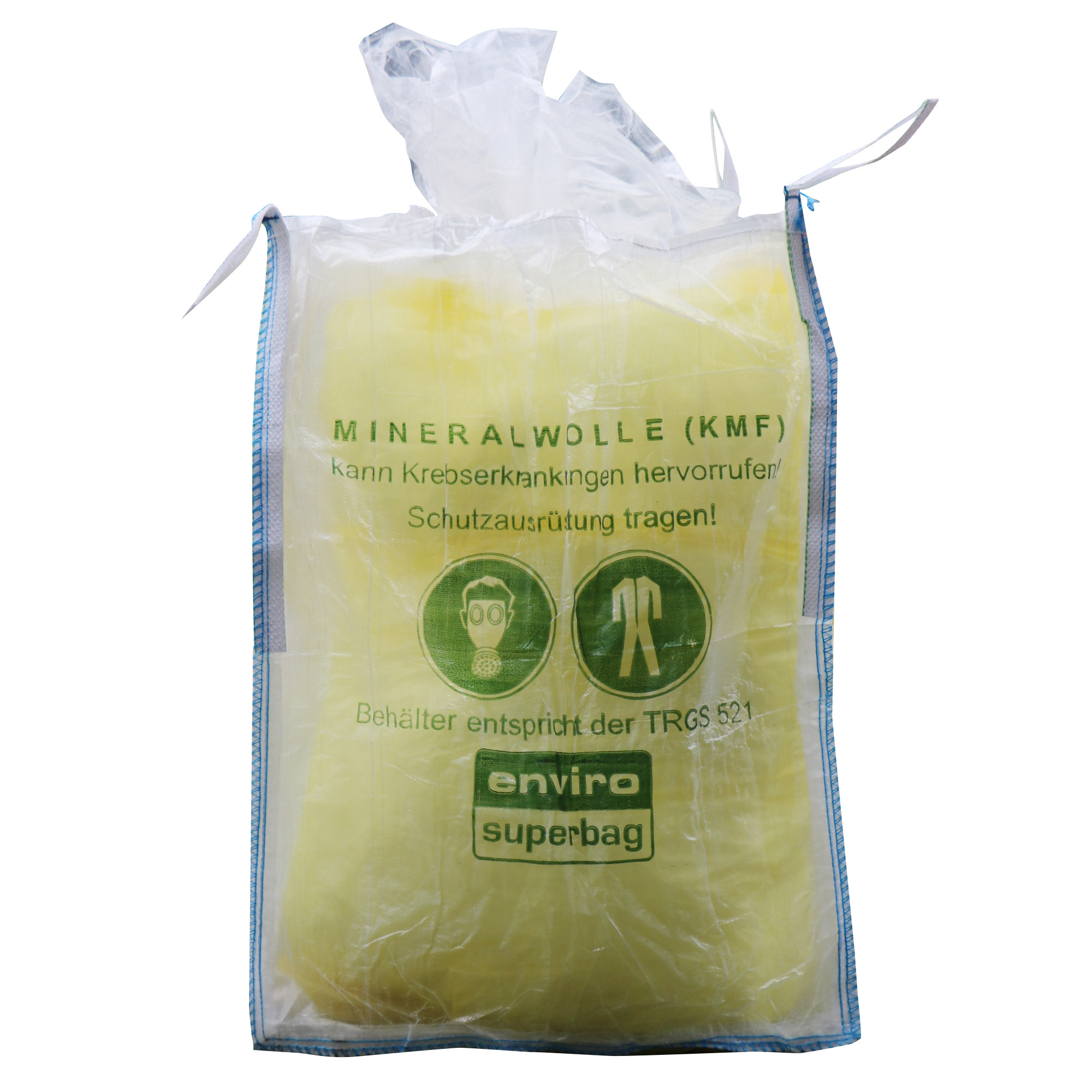 Transparenter MIRAWO-BAG mit Hebeschlaufen, Einfüllschürze und Warnaufdruck Mineralwolle gemäß TRGS 521