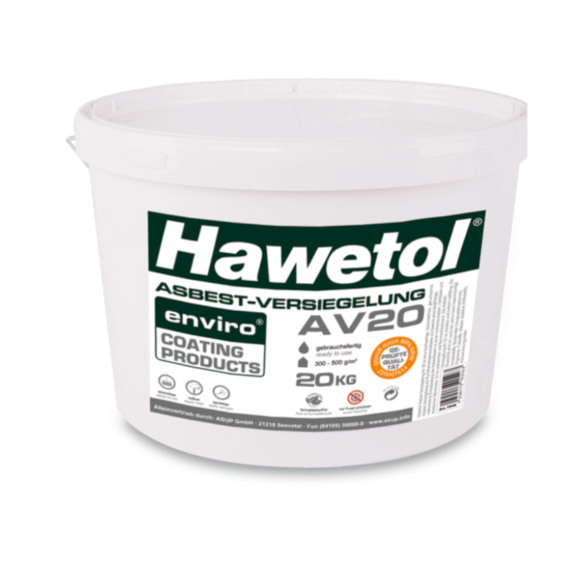 Eimer mit Asbest-Versiegelung von Hawetol. Produktname: AV20. Inhalt: 20 kg, gebrauchsfertig. Anwendungsbereich: 300-500 g/m². Das Produkt gehört zur Marke enviro Coating Products.