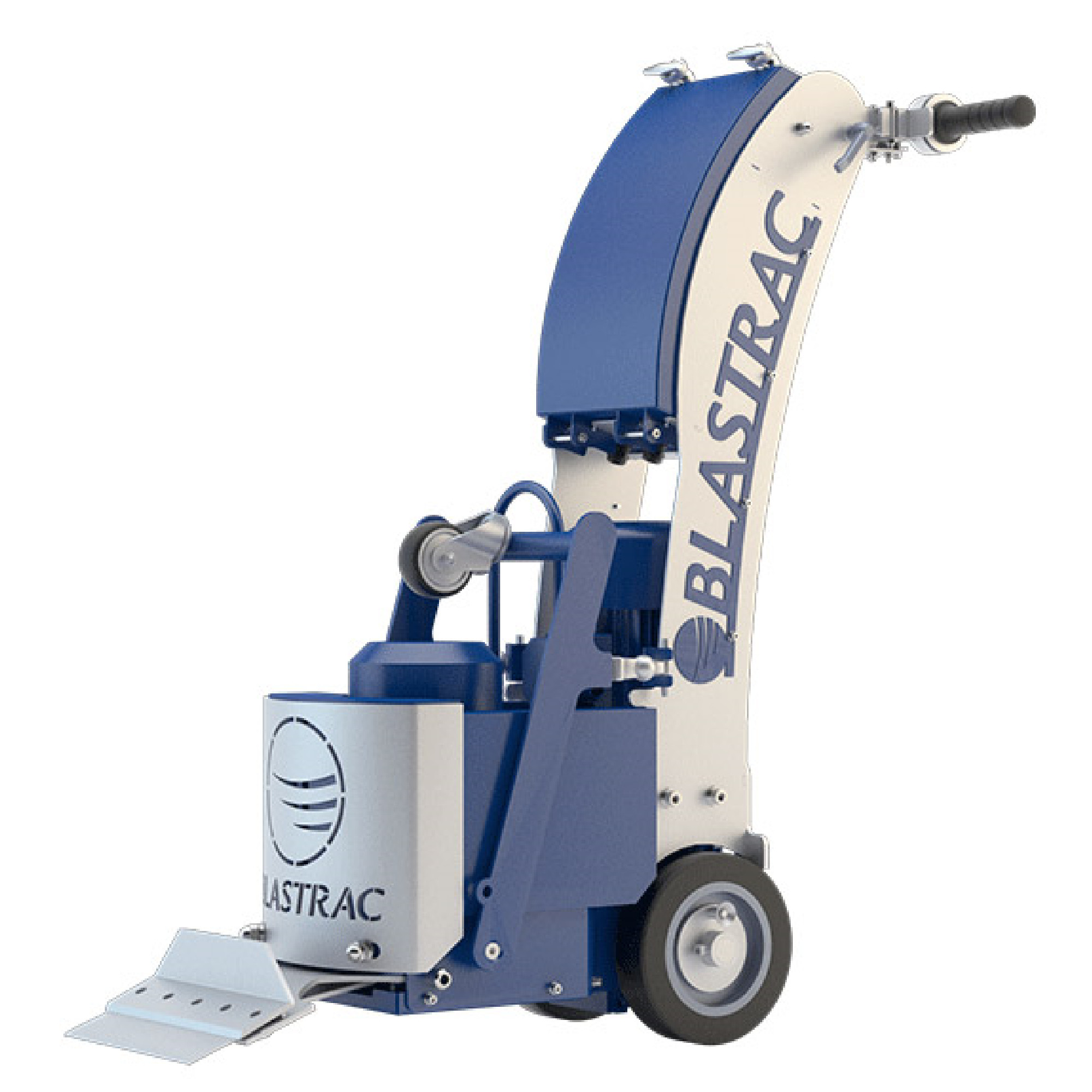 Ein blauer Bodenbearbeitungsmaschine mit einem großen, geschwungenen Arm und Rädern im unteren Bereich. Auf der Vorderseite ist ein kleines Schneidewerkzeug angebracht. Das Gerät trägt das Logo „BLASTRAC“ und wird zur Oberflächenbehandlung eingesetzt.