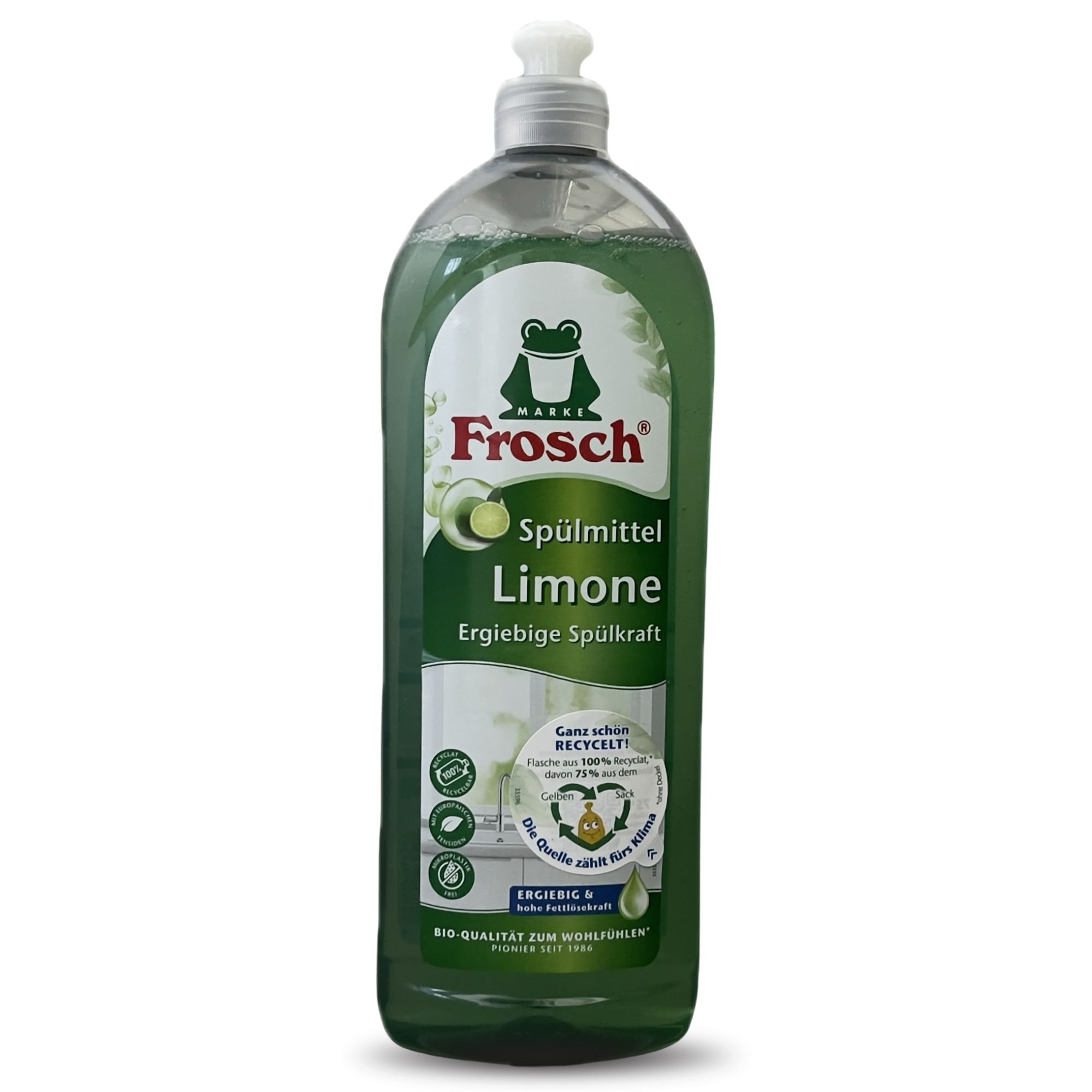 Flasche mit Spülmittel der Marke Frosch in grüner Farbe, mit dem Duft von Limone. Auf dem Etikett stehen die Worte „Ergiebige Spülkraft“ und „Ganz schön recycelt!“. Die Flasche ist umweltfreundlich gestaltet und enthält Informationen zur hochwertigen Bio-Qualität.