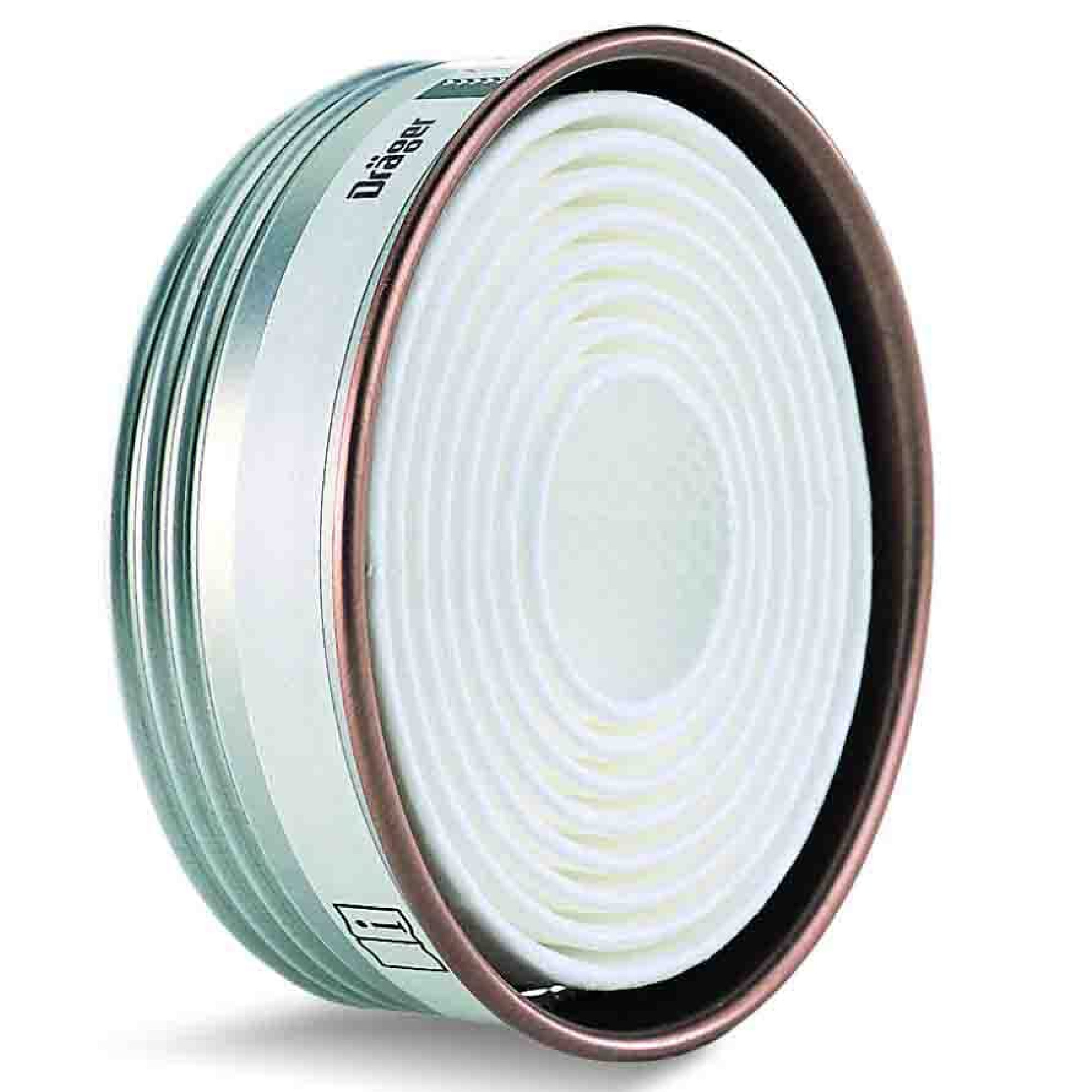 Ein runder Atemschutzfilter in metallischem Design. Die oberste Schicht ist weiß und hat eine gewellte Struktur. Der Filter hat einen schmalen braunen Rand und trägt das Markenlogo "Dräger". Er ist für den sicheren Atemschutz konzipiert.