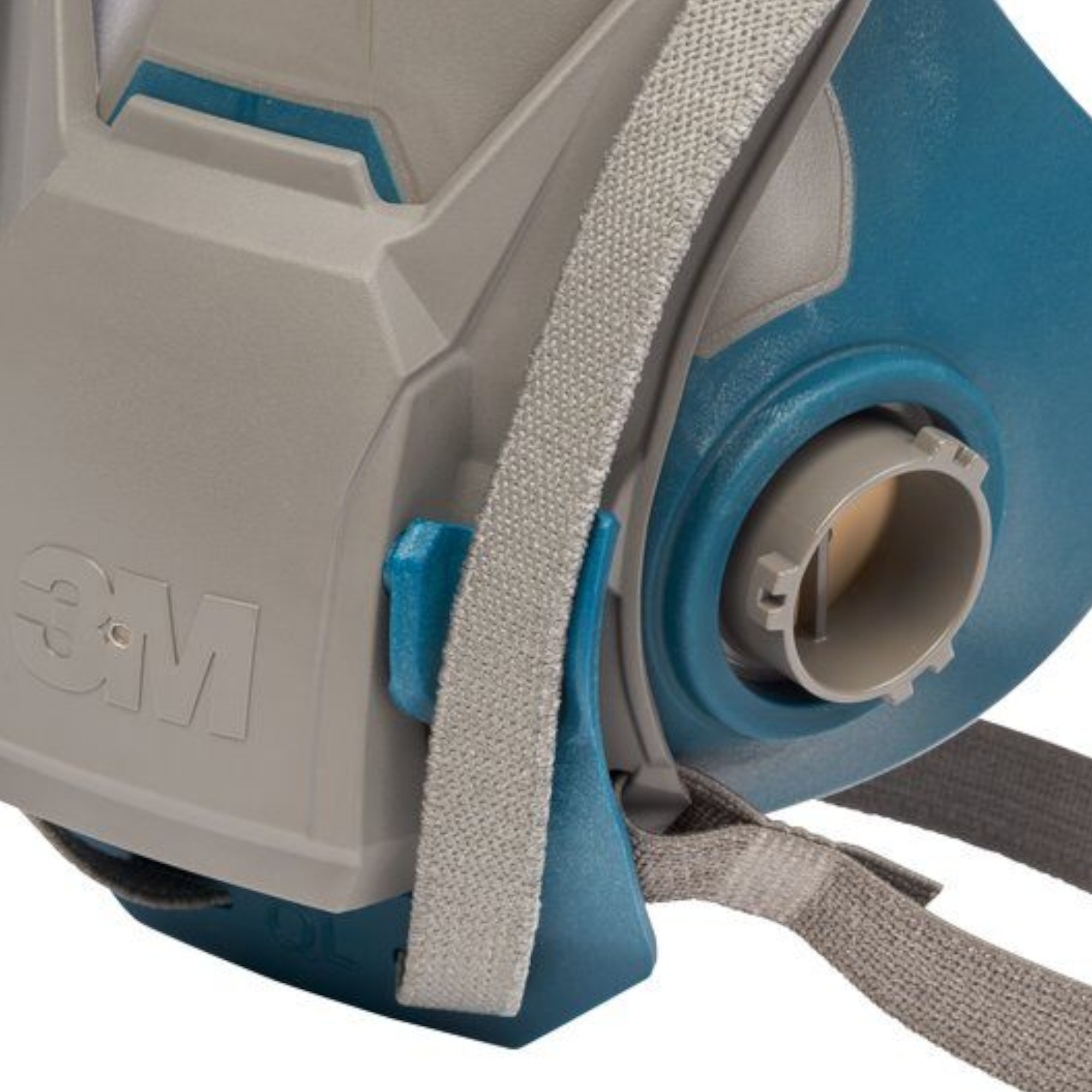 3M Halbmaske, Detailansicht Filteranschluss und Kopfband, grau-blau