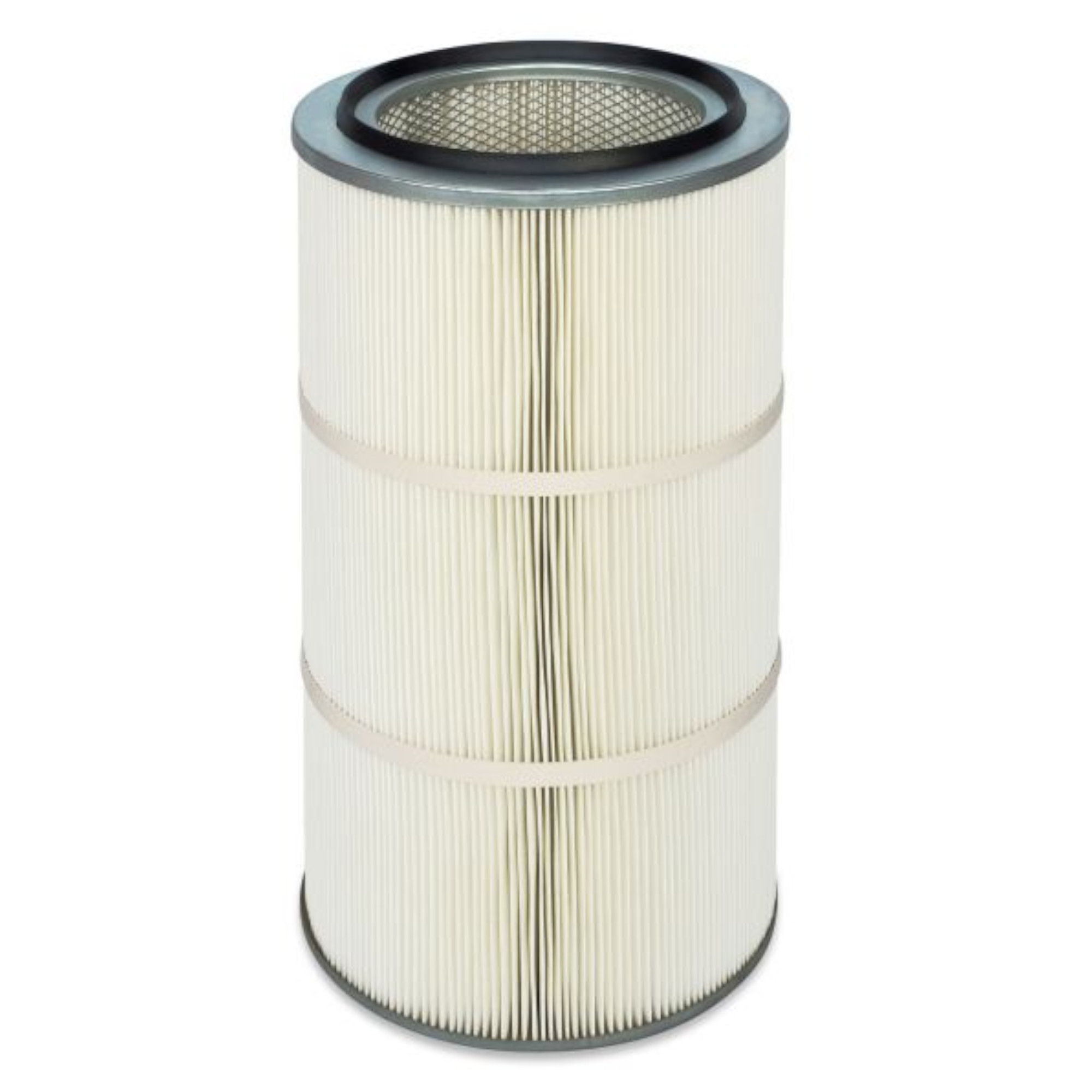 Ein runder, zylindrischer Luftfilter mit weißem Filtermaterial und grauem oberen Rand. Der Filter hat mehrere hochstehende Falten und besteht aus drei Segmenten, die durch elastische Ringe voneinander getrennt sind. Er wird häufig in Luftreinigungssystemen verwendet.