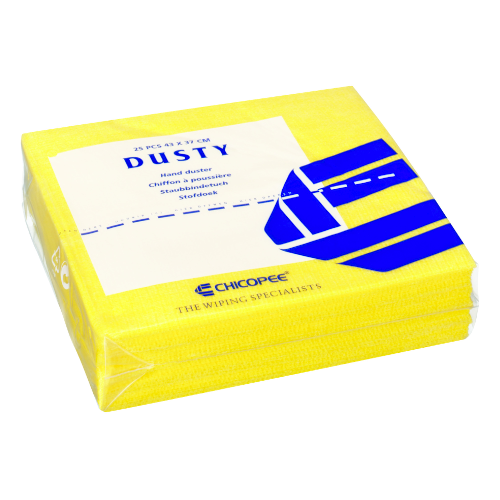 Packung mit 25 gelben Chicopee Dusty Staubbindetüchern, freigestellt auf weißem Hintergrund