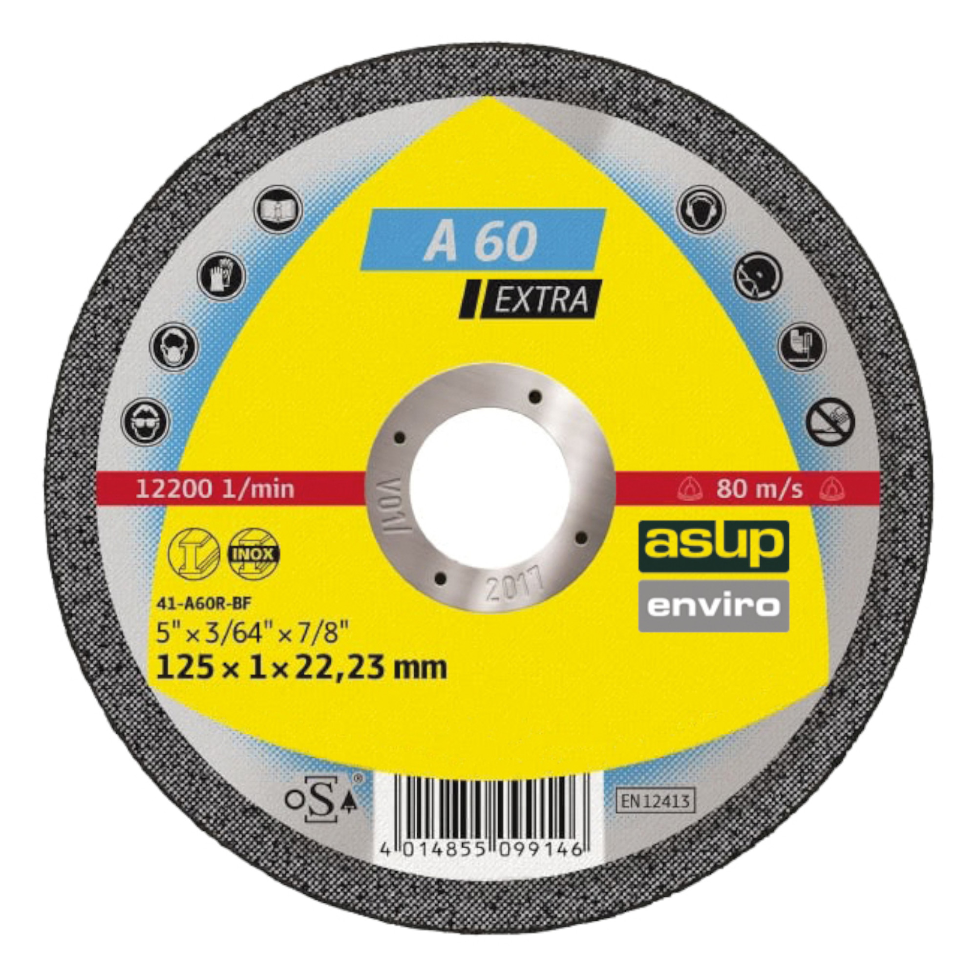 Eine Trennscheibe mit einem Außendurchmesser von 125 mm und einer Dicke von 1 mm. Sie ist für Metallverarbeitung geeignet, mit einer maximalen Drehzahl von 12.200 U/min und einer Geschwindigkeit von 80 m/s. Die Marke "asup enviro" ist ebenfalls sichtbar.