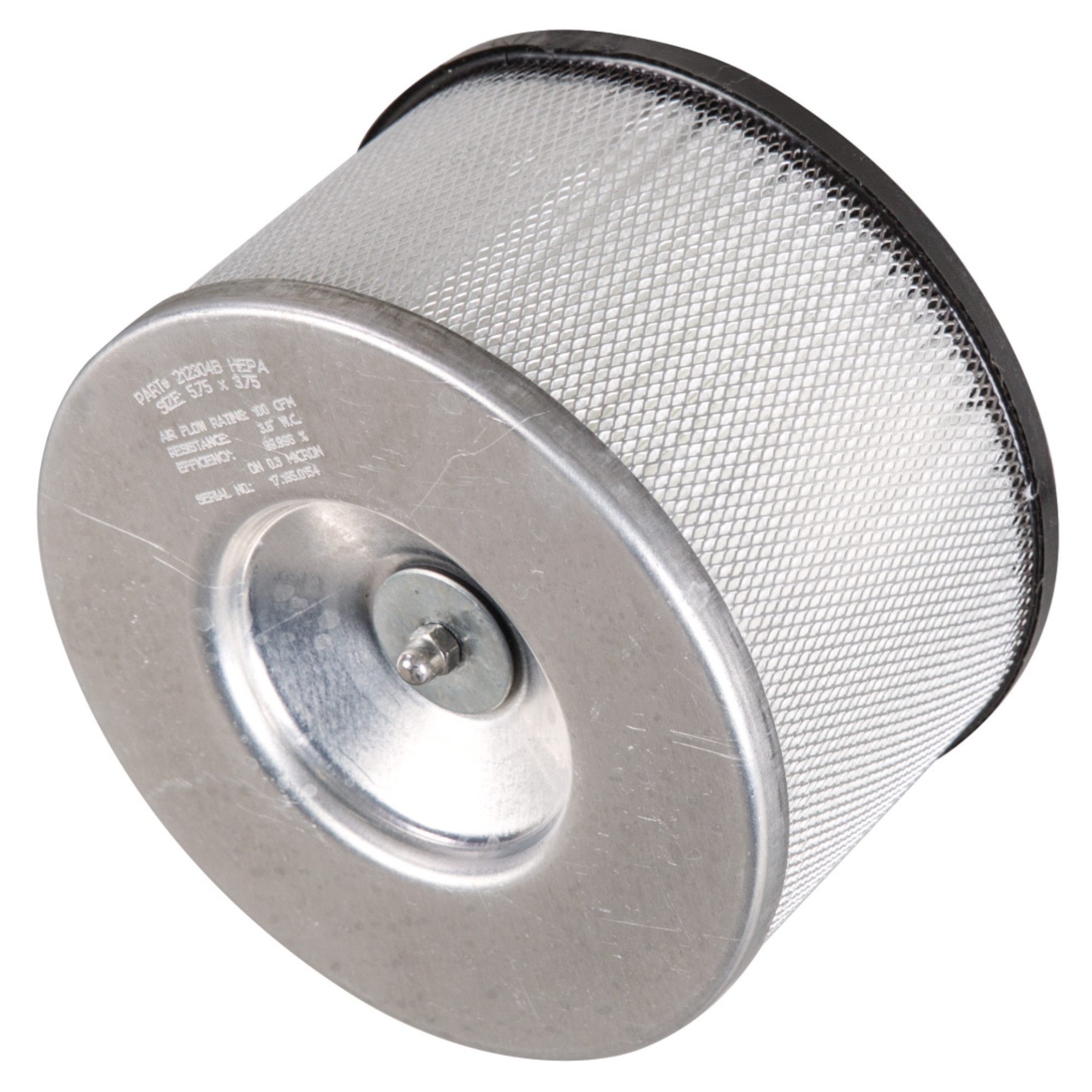 Das Bild zeigt einen runden Luftfilter mit einem metallischen Gehäuse und einem feinen Drahtgitter. Der Filter hat einen glatten, silbernen Boden und einen schwarzen Rand. Er wird für die Reinigung und Filterung von Luft verwendet.