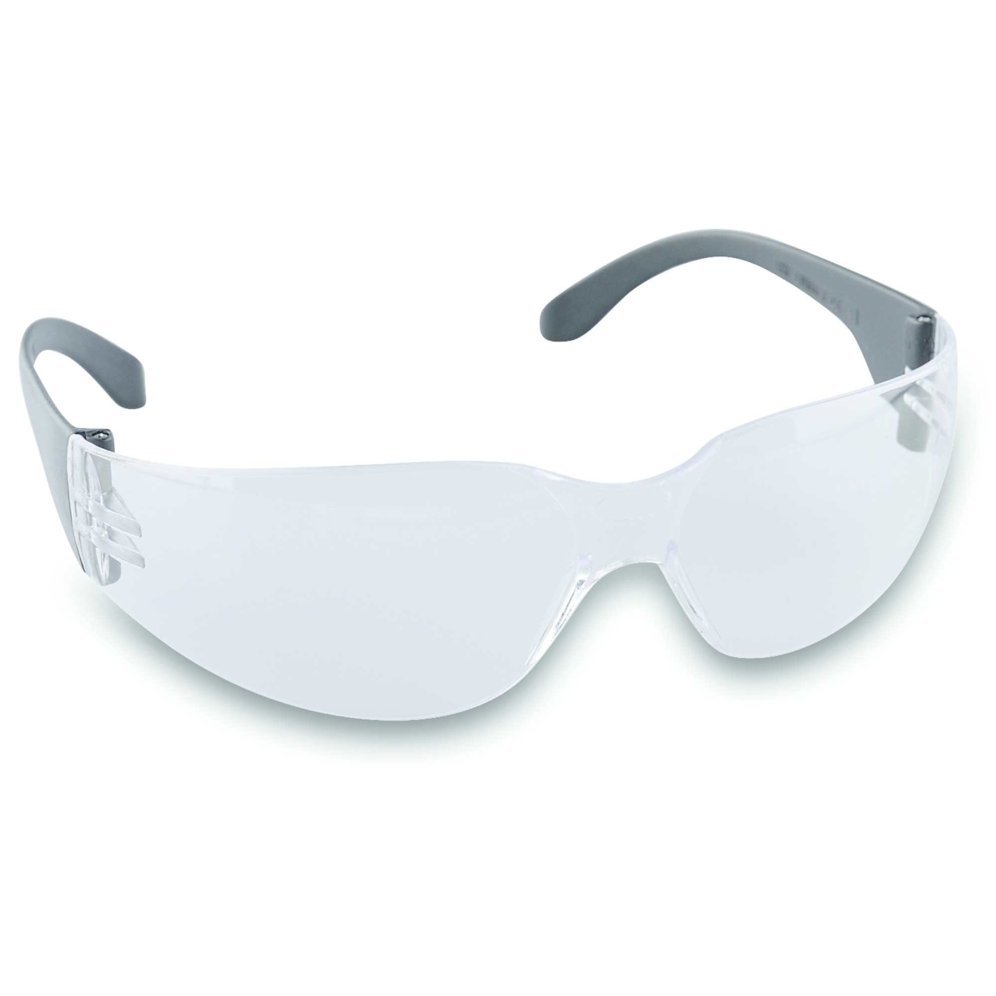 Transparente Schutzbrille mit geschwungenem Design und grauen Bügeln