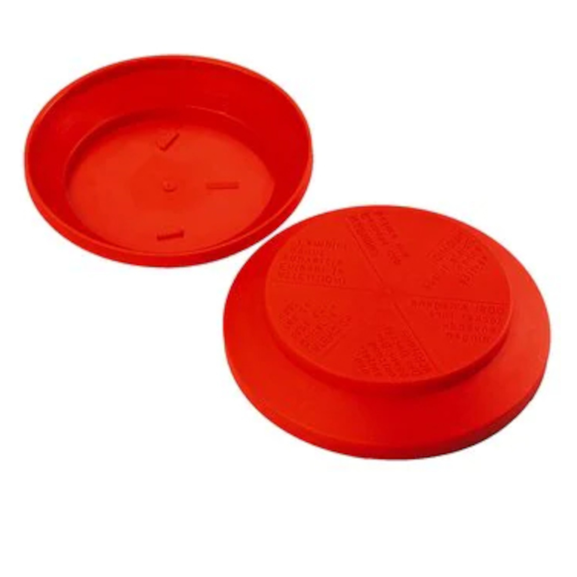 Zwei runde Filterdeckel aus Kunststoff, rot, Ober- und Unterseite