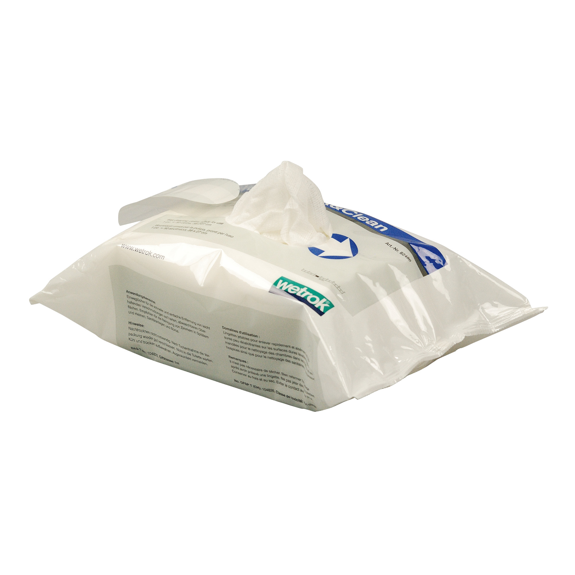 Eine Packung Reinigungstücher in einer weißen, kompakten Verpackung. Ein einzelnes Tuch ist teilweise aus der Packung herausgezogen. Die Vorderseite zeigt den Markennamen und einige grundlegende Informationen zur Verwendung.