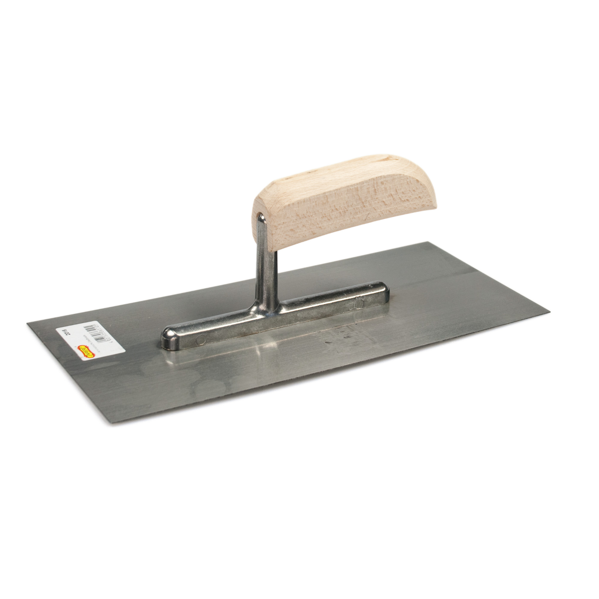 Ein Edelstahl-Kelle mit einem Holzgriff. Die Kelle hat eine rechteckige Form und wird häufig im Bauwesen oder zur Verarbeitung von Materialien wie Putz oder Beton verwendet.
