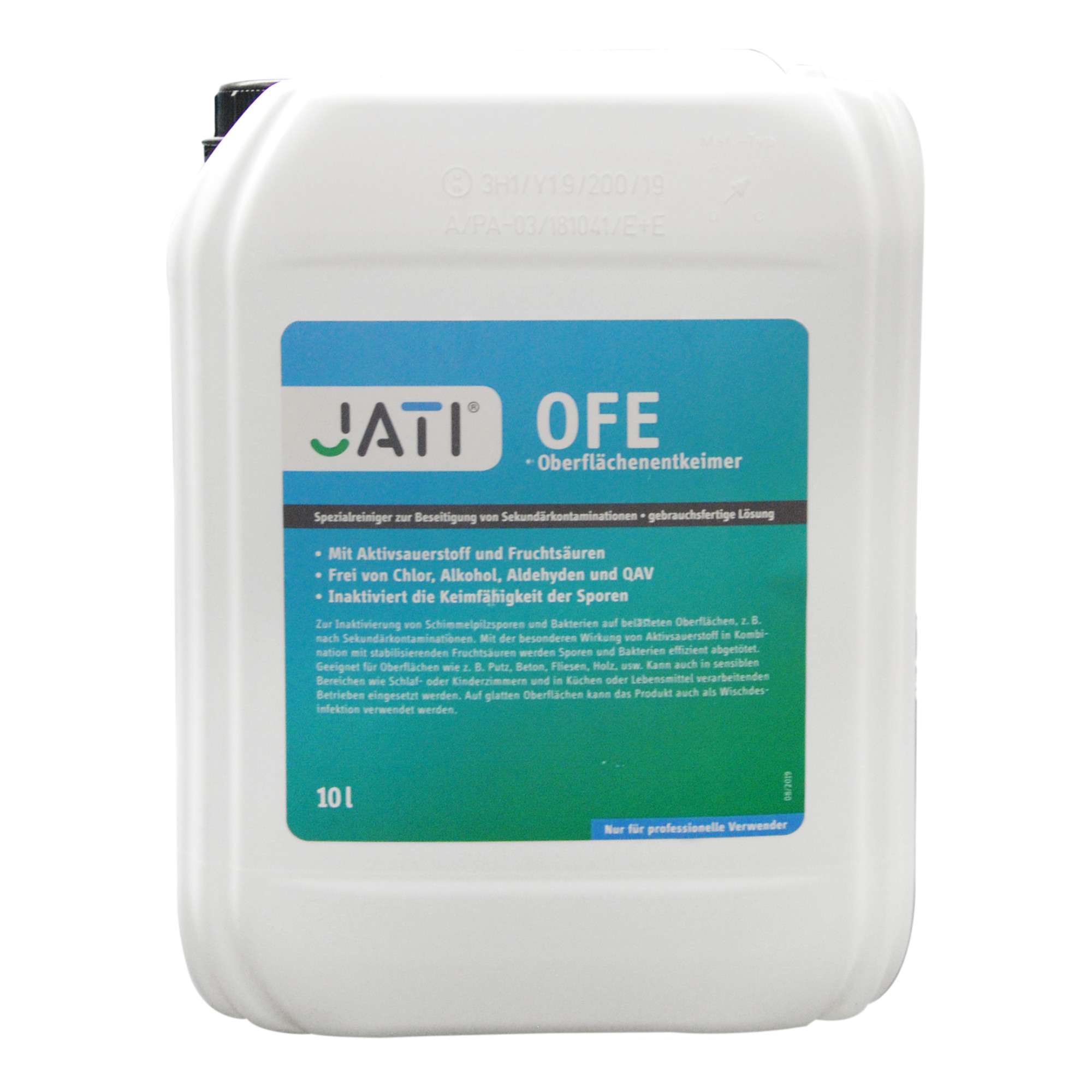 Die Abbildung zeigt einen weißen Plastikbehälter mit einem blauen Etikett. Das Produkt heißt "JATI OFE", ein Oberflächenentkeimer zur Entfernung von Kontaminationen. Es enthält aktive Inhaltsstoffe, ist chlor-, alkohol- und aldehydfrei und soll die Keimfähigkeit von Sporen inaktivieren.