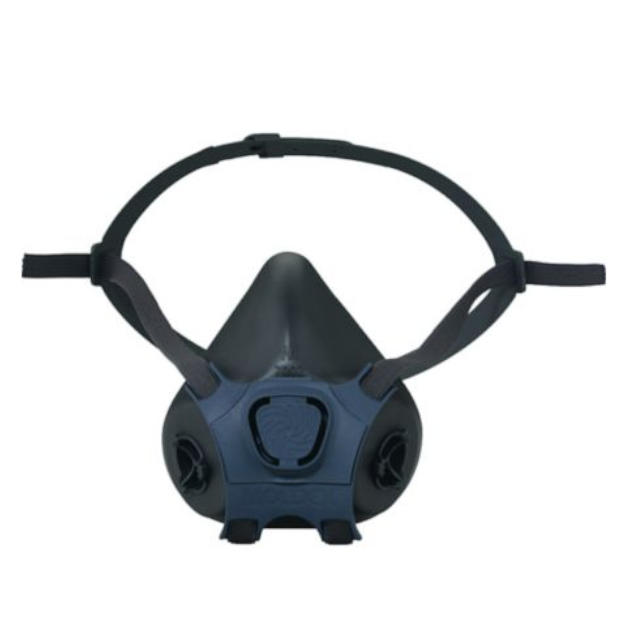 Halbmaske in Schwarz-Blau mit breitem Kopfband, taillierter Passform und seitlichen Atemöffnungen, ohne Filtereinheit