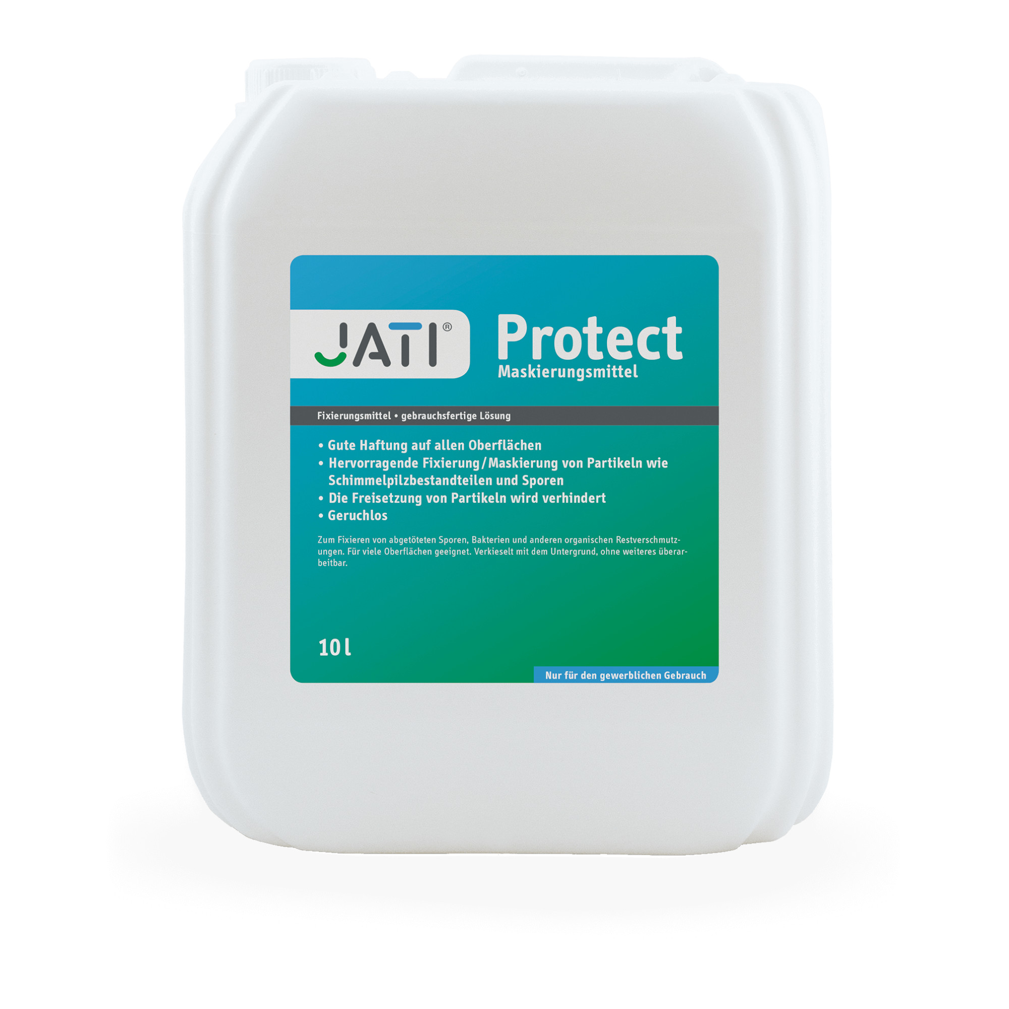 Weißer Kunststoffeimer mit blauer Etikettierung, beschriftet mit "JATI Protect Maskierungsmittel". Informationen auf dem Etikett weisen auf die Nutzung als Fixierungsmittel hin, das eine gute Haftung auf allen Oberflächen bietet und die Freisetzung von Partikeln verhindert. Inhalt: 10 Liter. Geruchlos.