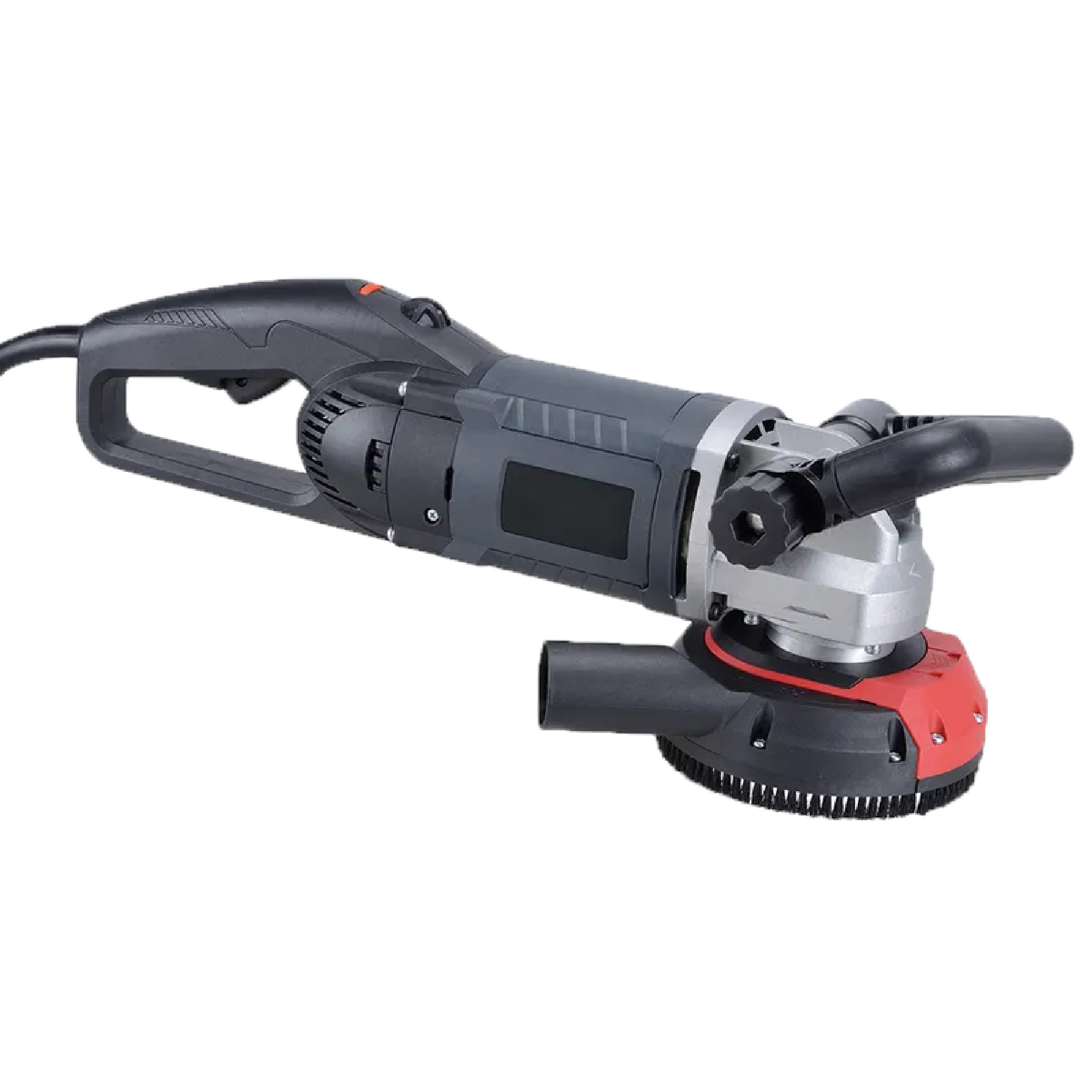Ein elektrischer Winkelschleifer mit einem ergonomischen Griff und einem rotierenden Schleifaufsatz. Das Gerät hat ein kompaktes Design mit Anzeige und einem saugfähigen Anschluss, um Staub während des Schleifens zu reduzieren. Ideal für Schleif- und Polierarbeiten.