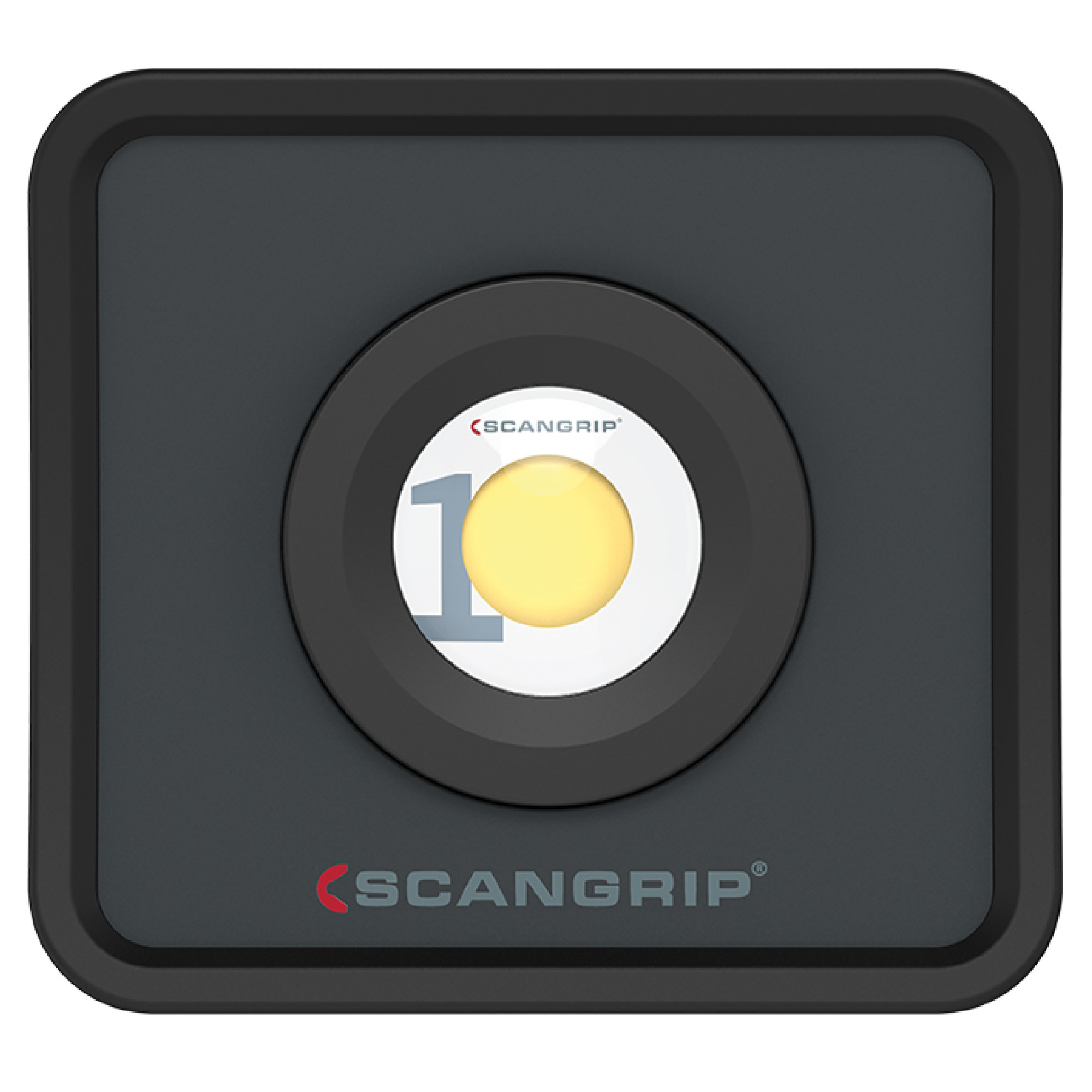 Eine quadratische LED-Arbeitsleuchte mit einem zentralen gelben Licht und dem Logo "SCANGRIP" unten rechts. Die Leuchte hat einen schwarzen Rahmen und ist für die Verwendung in verschiedenen Arbeitsumgebungen geeignet.
