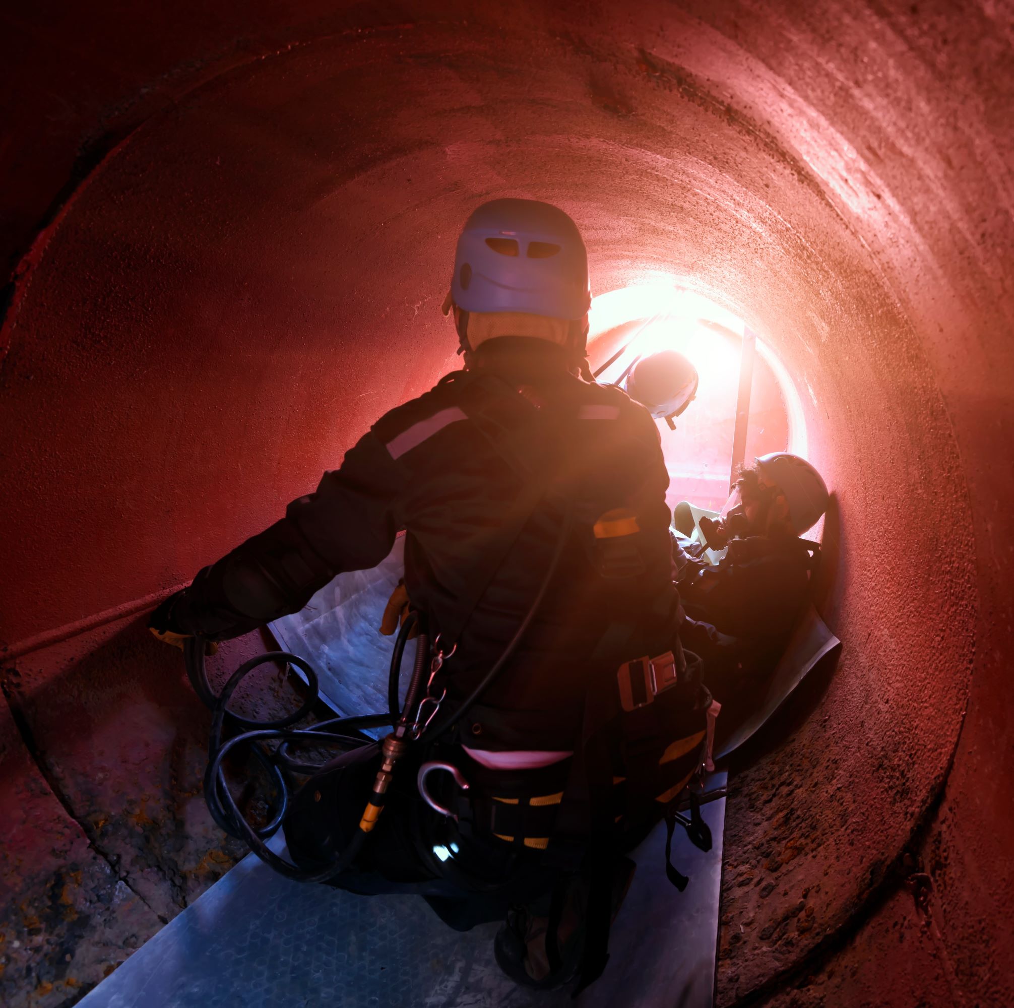 Rettungstraining in engen Räumen mit Schutzausrüstung