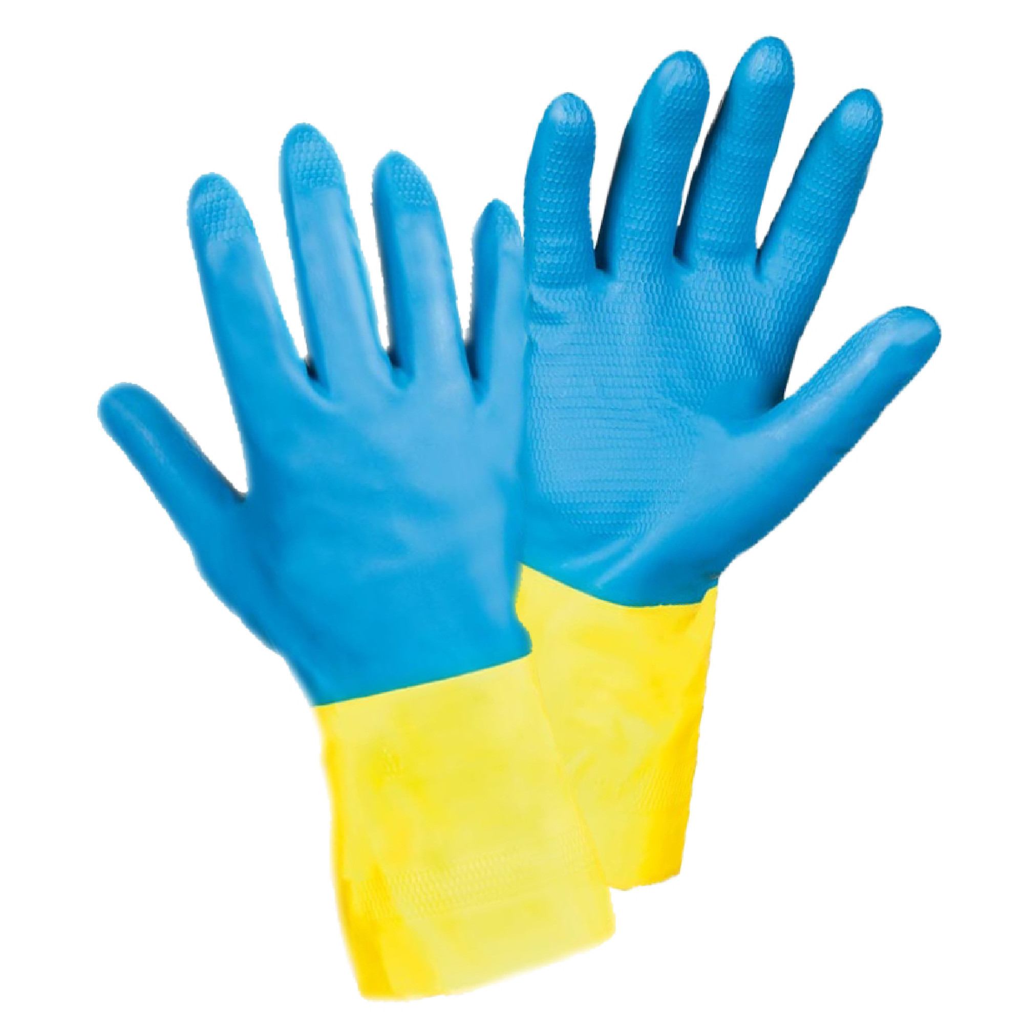 Zwei blaue Gummihandschuhe mit gelben Bündchen. Die Handschuhe sind für den Einsatz in der Reinigung oder beim Arbeiten mit Chemikalien konzipiert und bieten Schutz und Flexibilität.