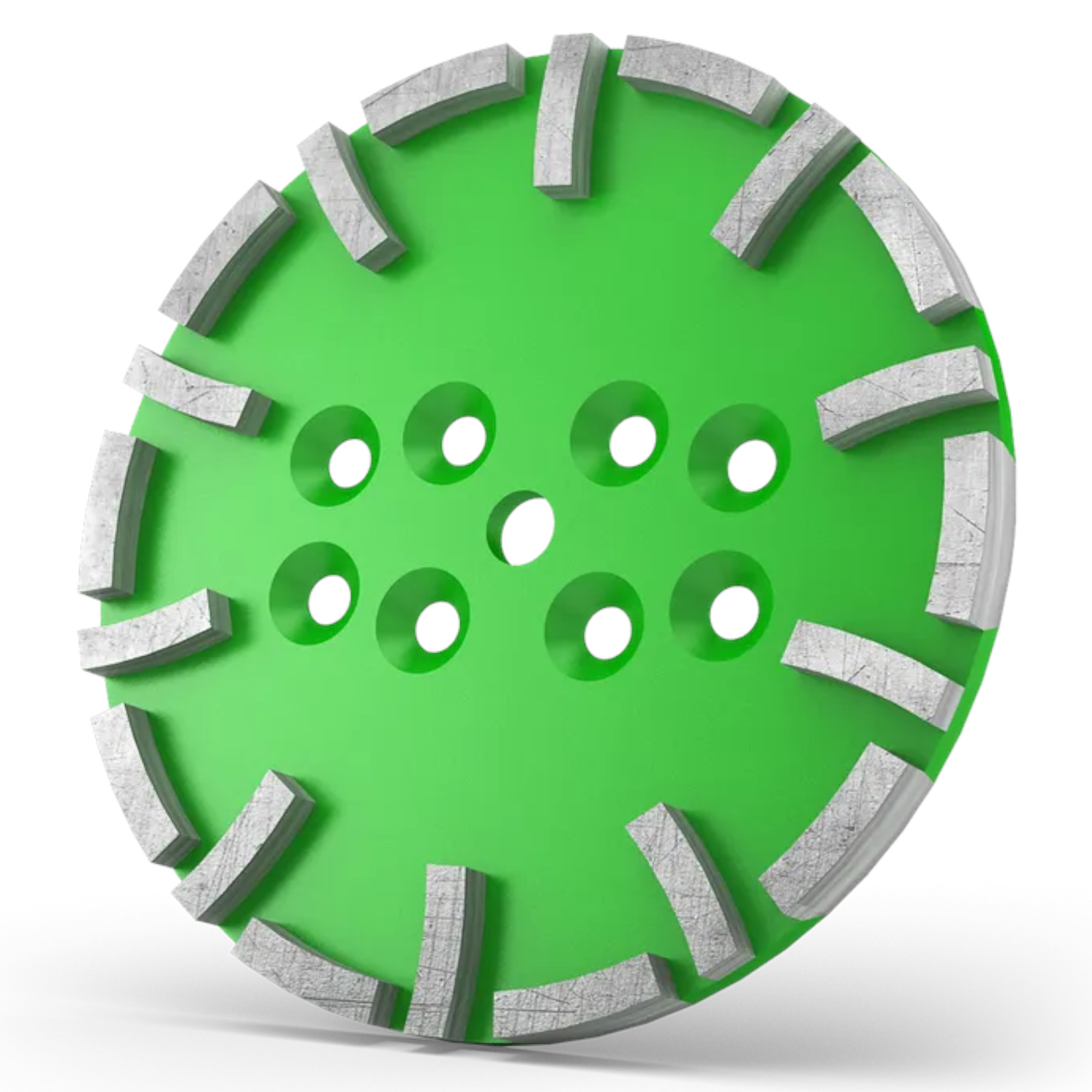 Grüne Diamant-Schleifscheibe mit sternförmig angeordneten, silbernen Schleifsegmenten und zentralen Belüftungsbohrungen, freigestellt auf weißem Hintergrund.