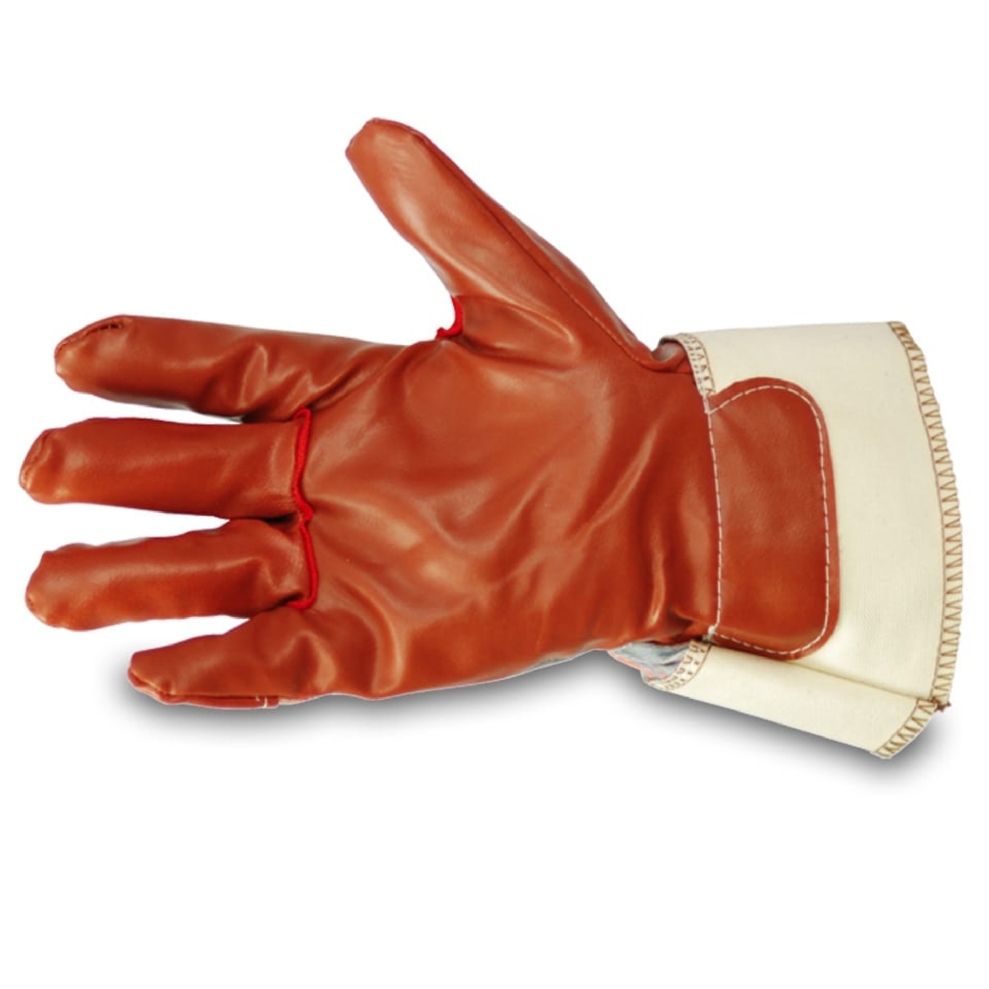 Ein Arbeitshandschuh mit brauner Lederoberfläche und einem weißen Stoffbund. Der Handschuh ist so gestaltet, dass er zusätzlichen Schutz bietet, ideal für handwerkliche oder industrielle Anwendungen. Ergonomisches Design für guten Halt und Beweglichkeit.