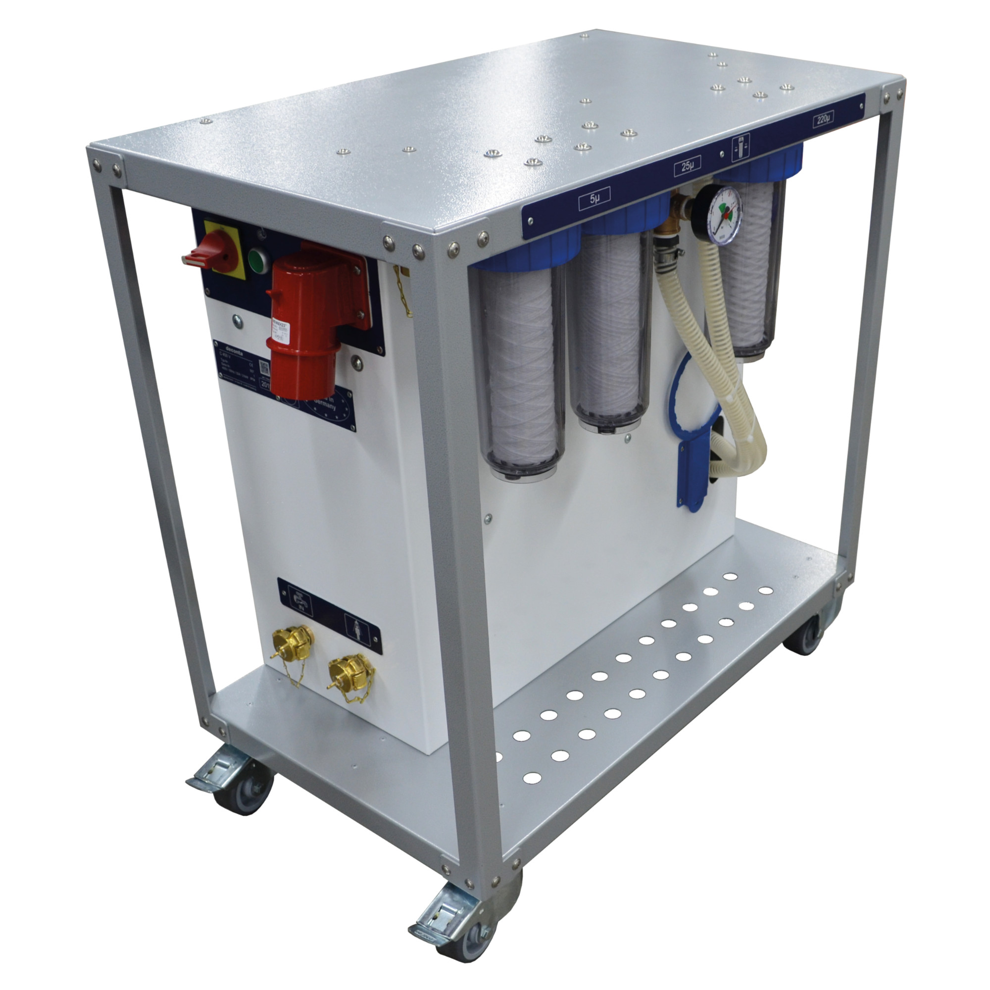 Mobile Wassermanagement-Anlage mit Rahmen, rotem Schalter, Manometer, drei Filterbehältern und Rollen