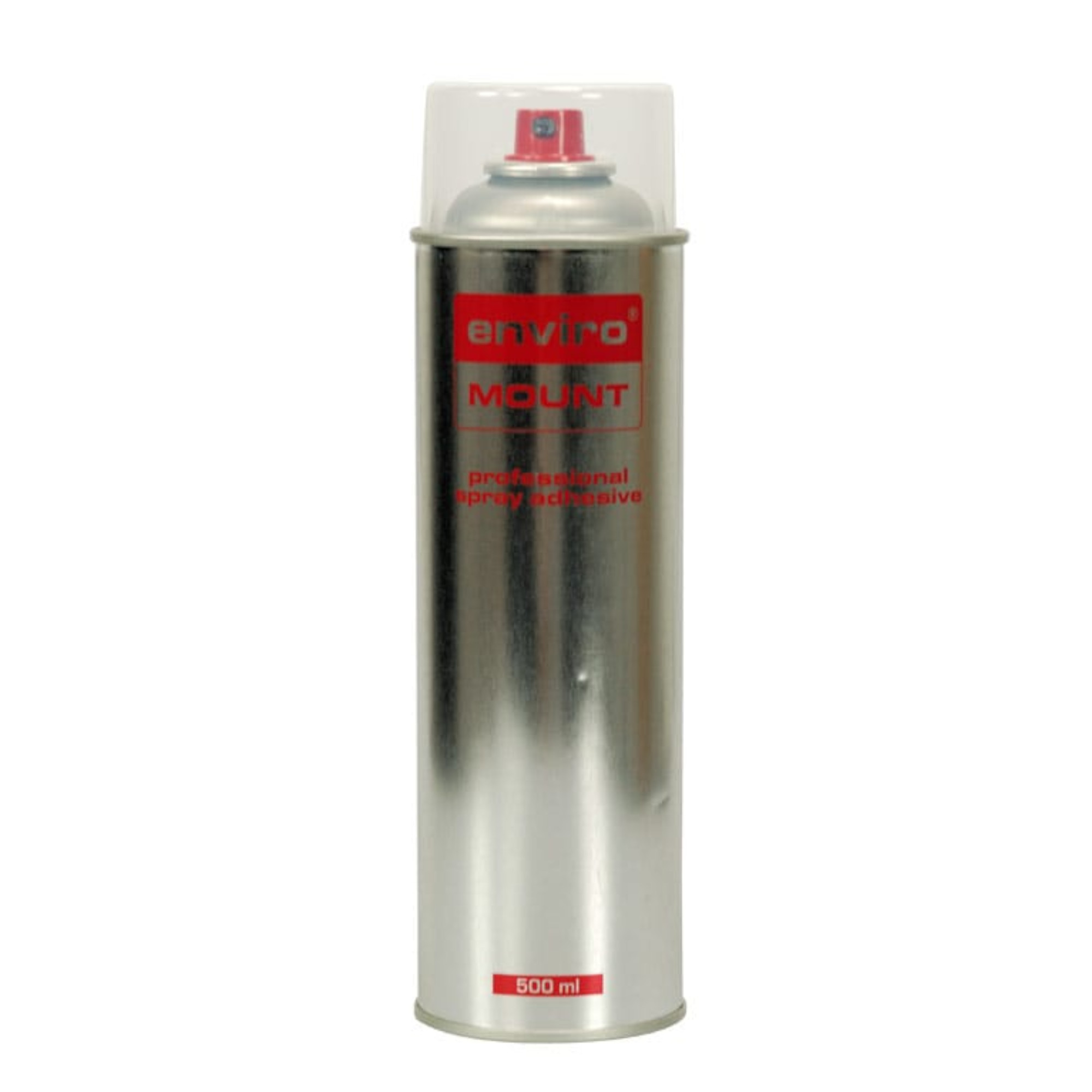500-ml-Sprühdose „enviro MOUNT Professional spray adhesive“ in Silber mit rotem Etikett und transparenter Schutzkappe auf weißem Hintergrund