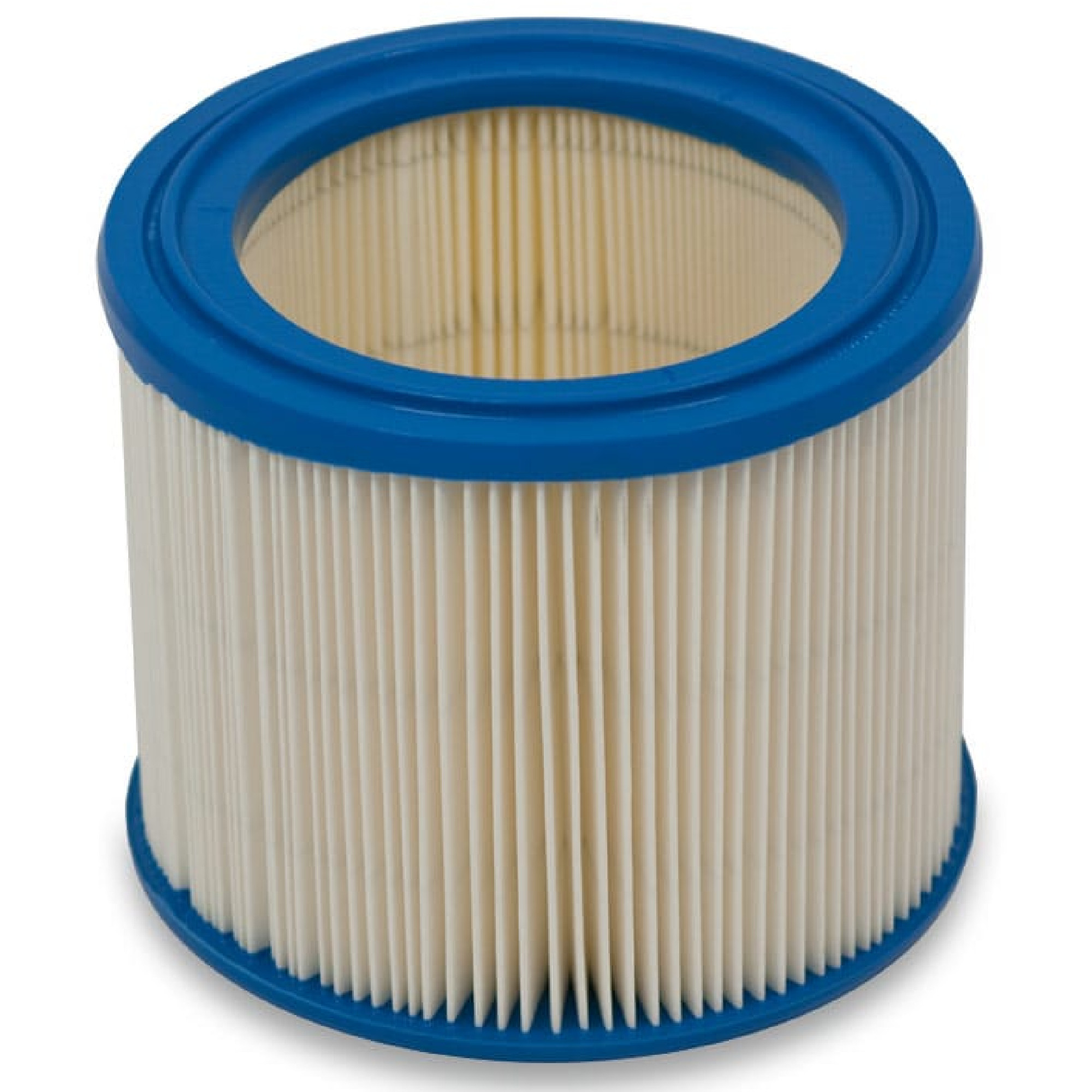Runder Filter mit blauem Rand und gefaltetem beigem Filtermedium sowie zentraler Montageöffnung