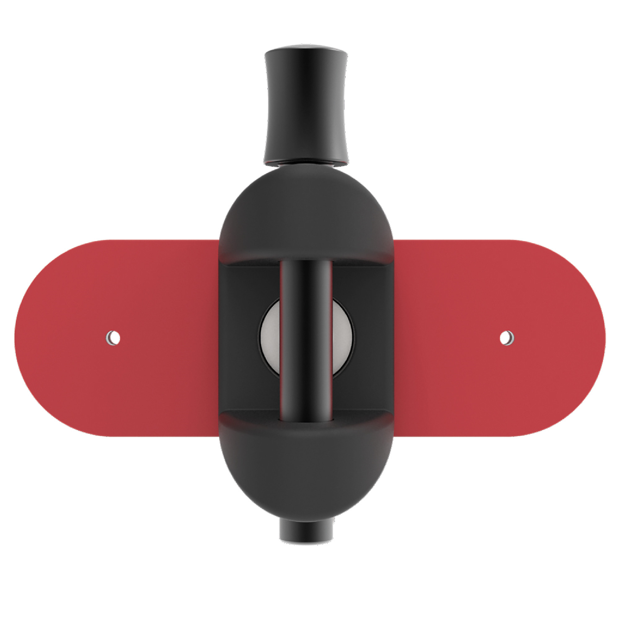 Schwarzer Magnethalter mit roter Montageplatte und zwei Befestigungslöchern