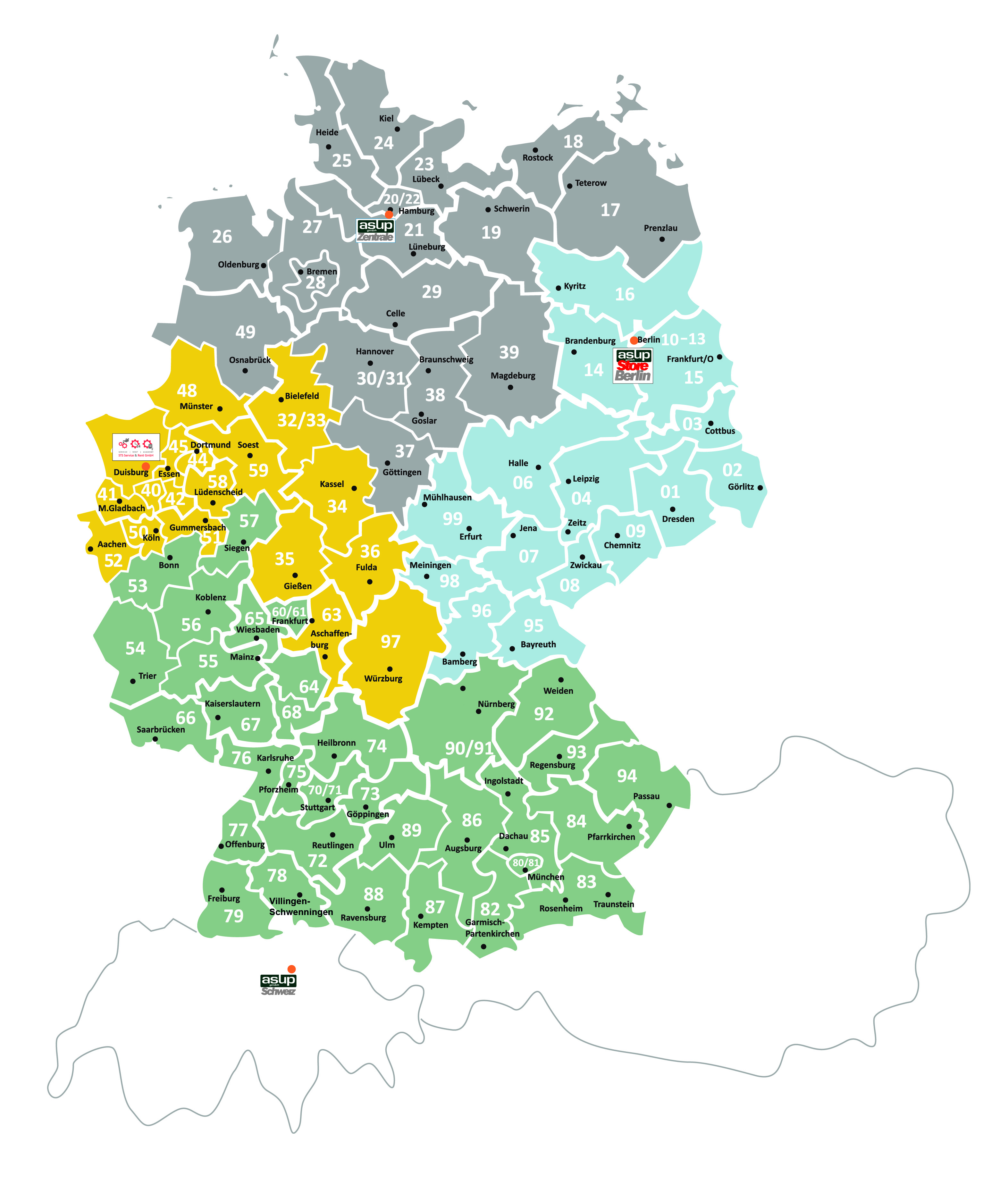 Die Karte zeigt die geografische Verteilung von Regionen in Deutschland, farblich unterteilt in graue, grüne, gelbe und türkisfarbene Bereiche. Jedes Gebiet ist mit Zahlen versehen, die spezifische Regionen oder Städte darstellen. Es sind zusätzlich einige Symbole eingezeichnet, die auf bestimmte Punkte hinweisen.