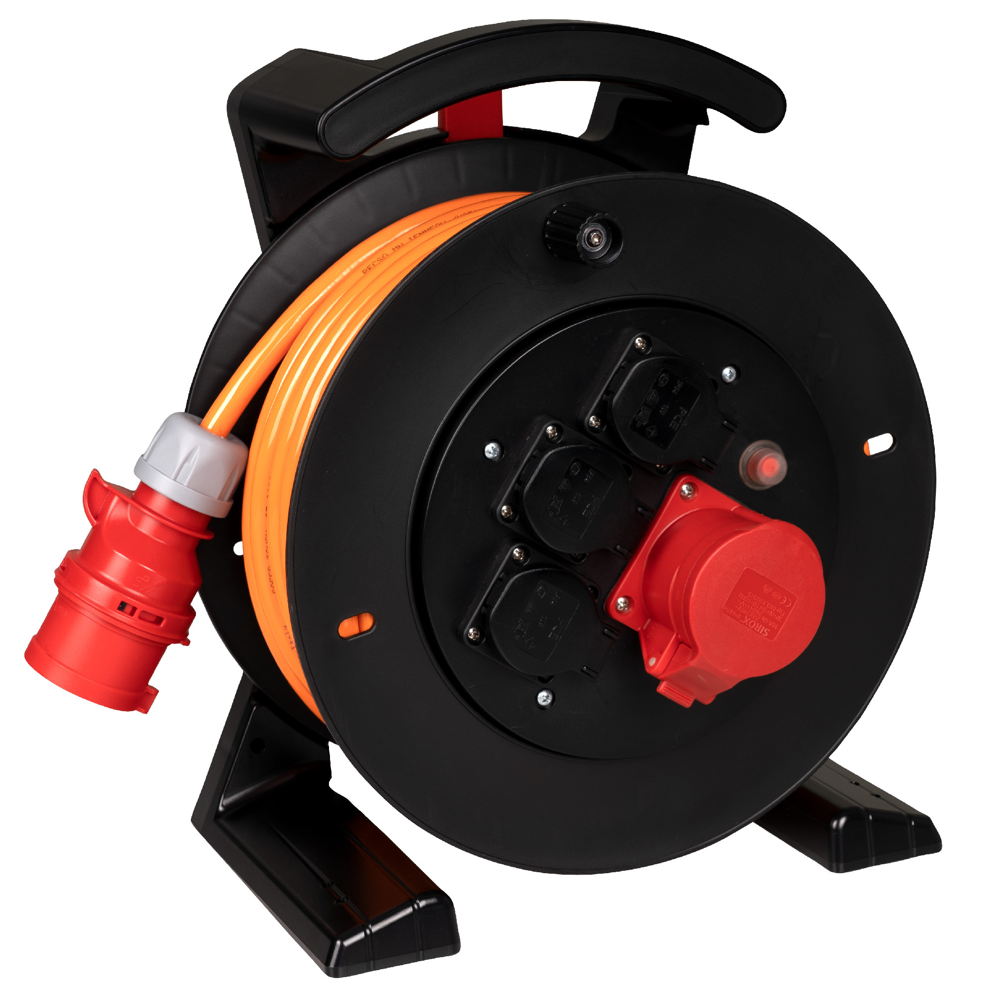 Eine elektrische Kabeltrommel mit orangefarbener Kabelrolle. An der Vorderseite befinden sich mehrere Steckdosen und ein roter Anschluss. Die Trommel steht stabil auf einem schwarzen Ständer und hat einen Griff für den einfachen Transport. Ideal für den Einsatz im Außenbereich oder bei Bauarbeiten.
