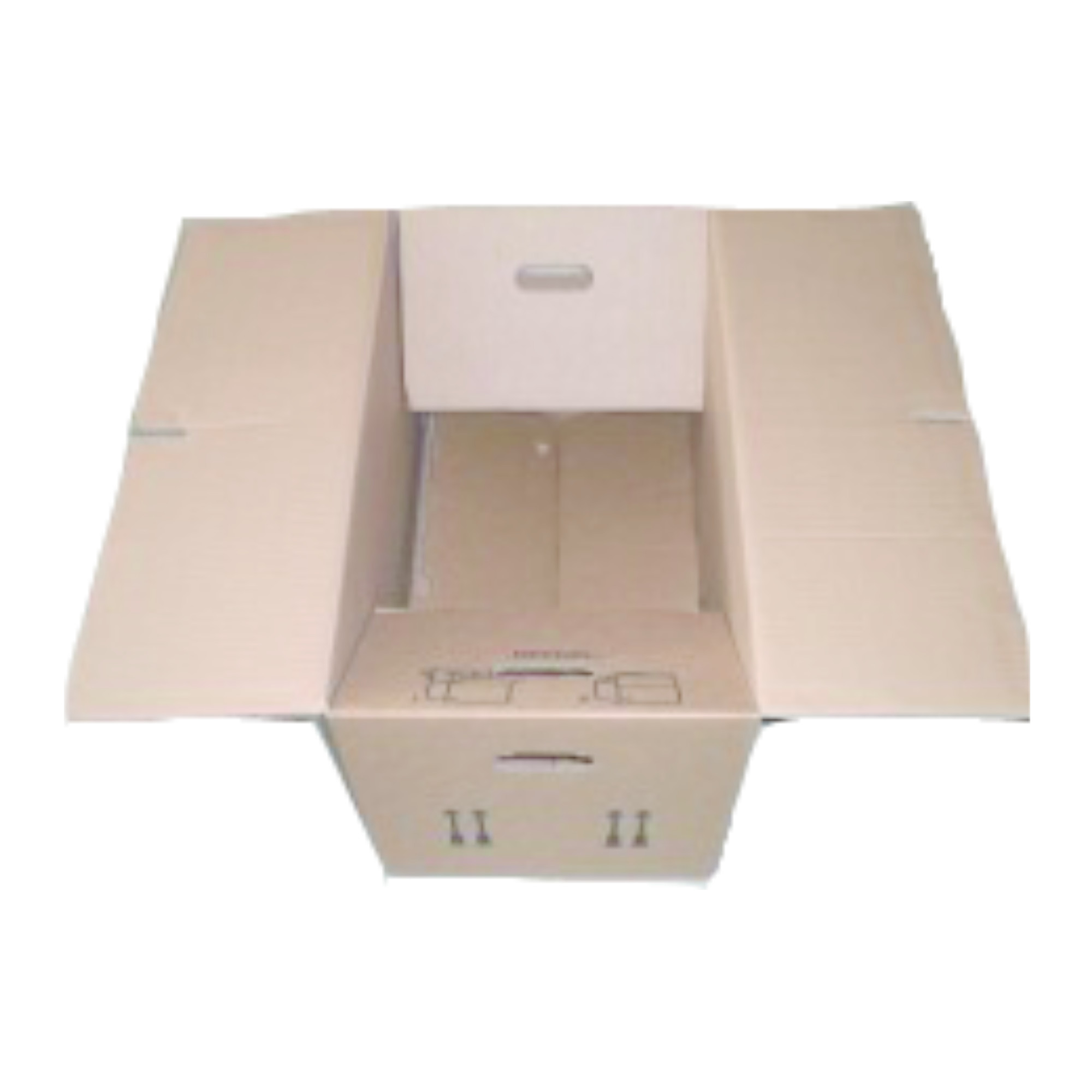 Eine braune Pappschachtel mit offenen Klappen, die nach oben gerichtet sind. Die Box hat zwei Griffe an den Seiten und befindet sich in einem leeren Zustand. Das Innere der Box ist sichtbar und zeigt keinen Inhalt.